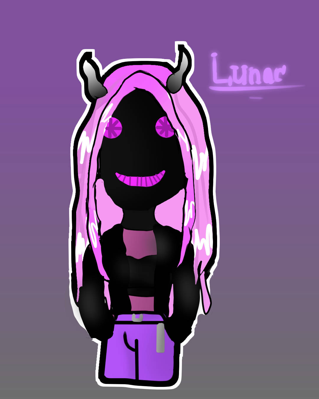 The Krew Fan Art 壁紙 — 一個風格化的卡通角色，擁有粉紅色頭髮、角和紫色服裝，站在漸變紫色背景前。
