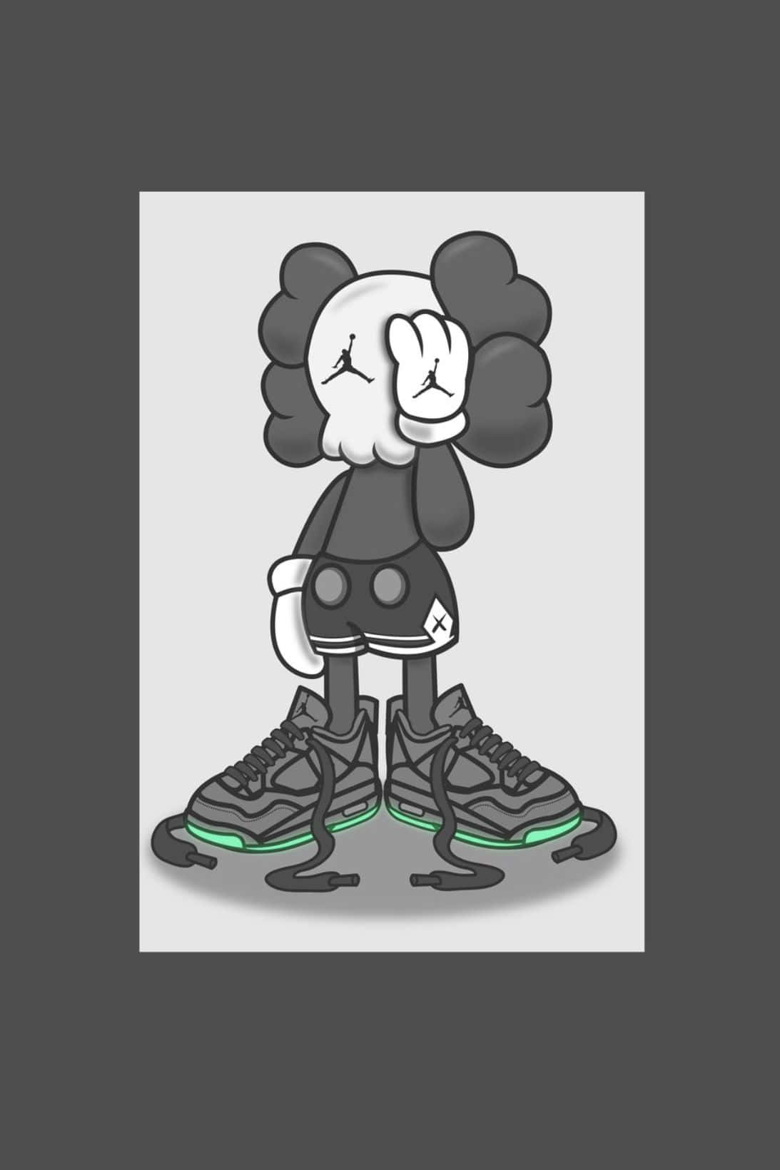 Kaws X Air Jordan 桌布 壁紙 — 一個風格化的卡通角色，擁有雲朵般的頭髮和Jordan標誌眼睛，穿著帶有發光綠色鞋底的超大運動鞋敬禮。