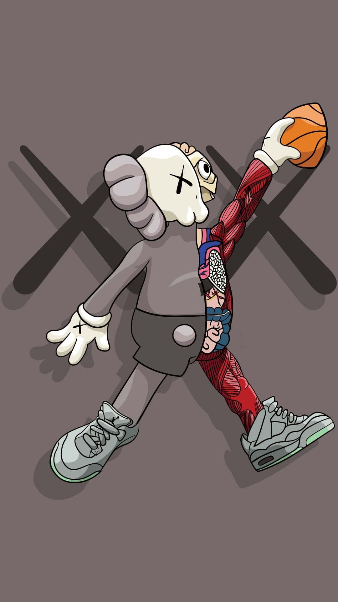 Kaws iPhone 壁紙 — 一個風格化的卡通角色，擁有骷髏頭和暴露的肌肉解剖結構，在灰色背景上跳起扣籃，背景有交叉陰影。