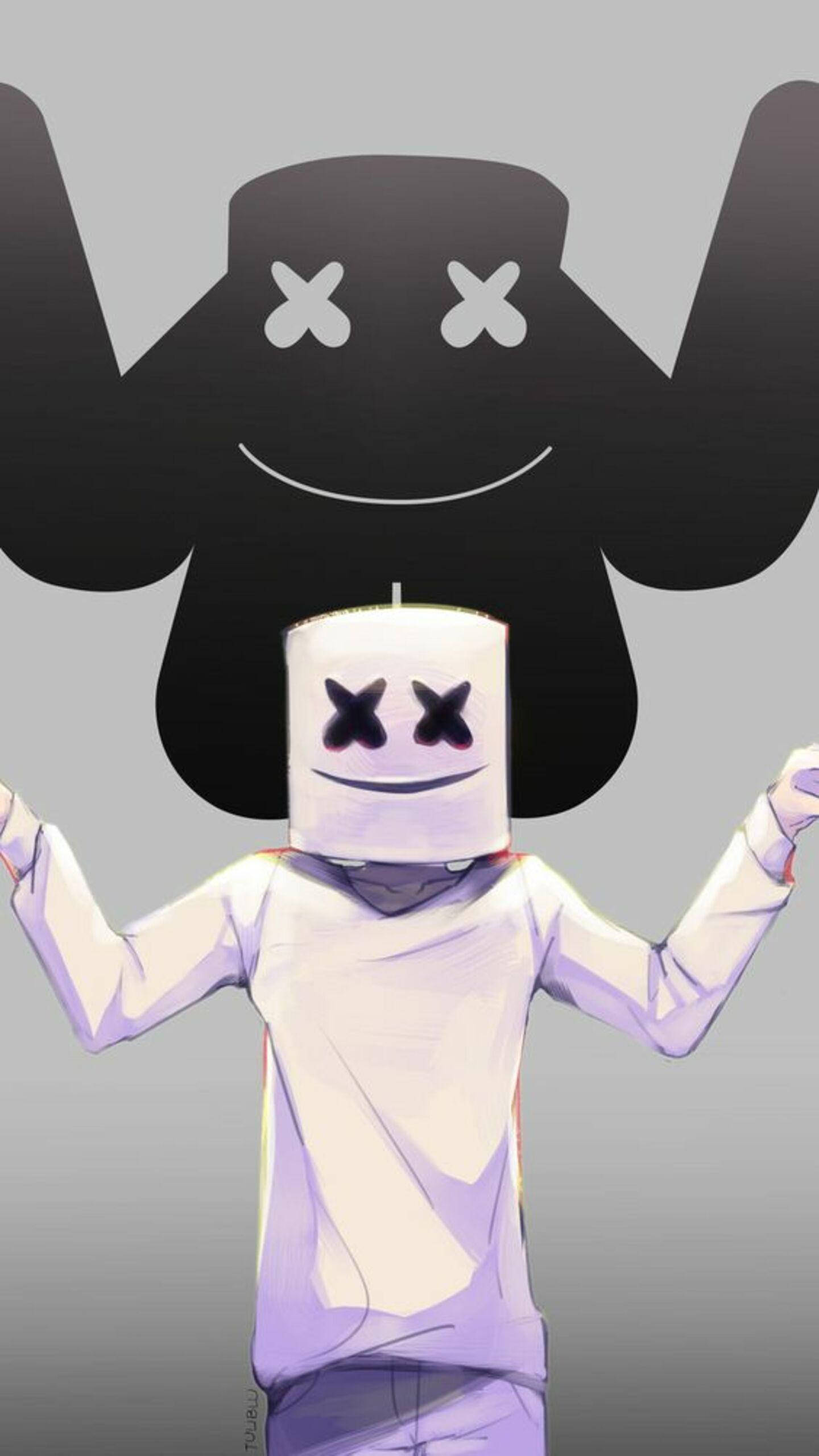 marshmello iPhone 桌布 壁紙 — 一個風格化的卡通角色，有著棉花糖頭和X形眼睛，站在灰色背景前舉起雙臂，背後有一個巨大的黑色剪影。