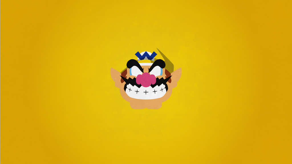 wario 桌布 壁紙 — 一個風格化的卡通面孔，帶有寬闊的笑容和藍色皇冠，居中在純黃色背景上。