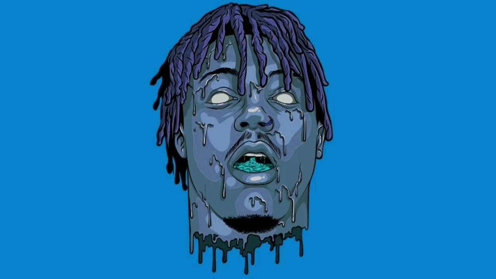 Juice WRLD 桌布 壁紙 — 一個風格化的卡通頭像，帶有紫色辮子和融化滴落的藍色皮膚，背景為純藍色。