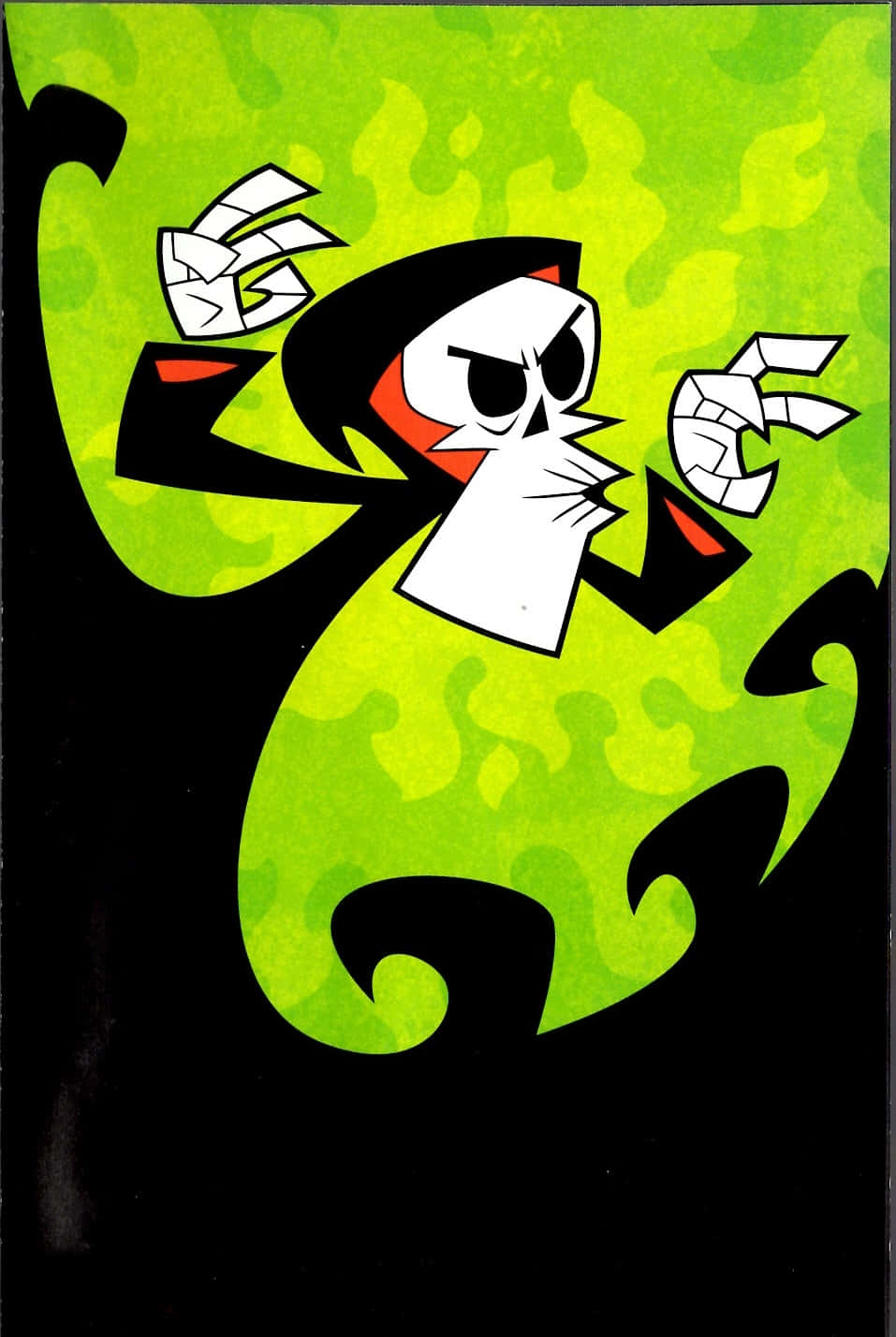 the grim adventures of billy and mandy 桌布 壁紙 — 一個風格化的卡通鬼魂，帶有憤怒的眼睛和爪子般的手，從黑色背景上旋轉的綠色火焰中出現。