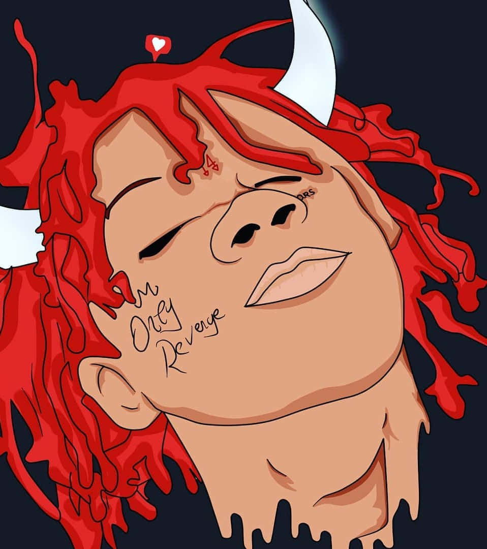 trippie redd 桌布 壁紙 — 一個風格化的卡通魔鬼，紅髮和角，在黑暗背景前咧嘴笑，臉頰上紋有「I'm Only Revenge」。