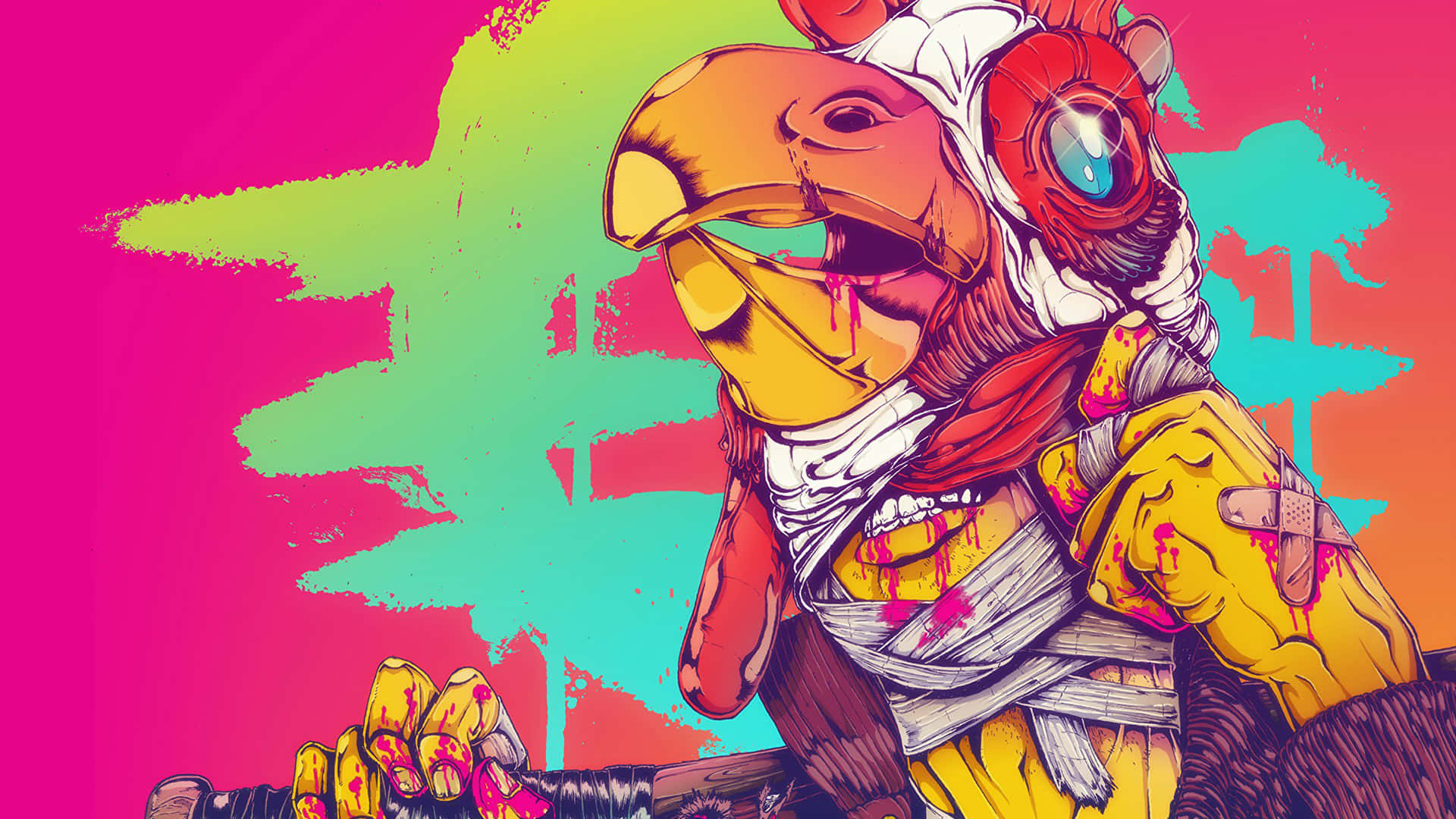 Hotline Miami 桌布 壁紙 — 一個風格化的卡通鳥戰士，頭部纏著繃帶，雙手沾滿鮮血，在充滿活力的粉紅色、綠色和藍綠色背景下緊握武器。