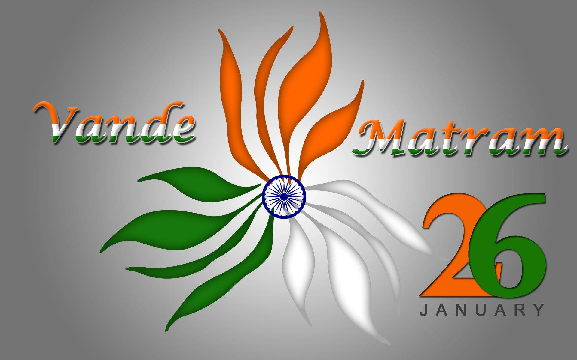 India 桌布 壁紙 — 一個風格化的印度國旗花朵，帶有「Vande Matram」和「1月26日」文字，背景為灰色漸變。