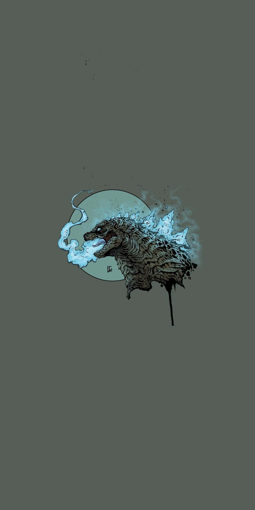 Godzilla Art 桌布 壁紙 — 一個風格化的哥斯拉剪影，帶有藍色火焰狀尖刺，在灰色場地上的柔和圓形背景中浮現。