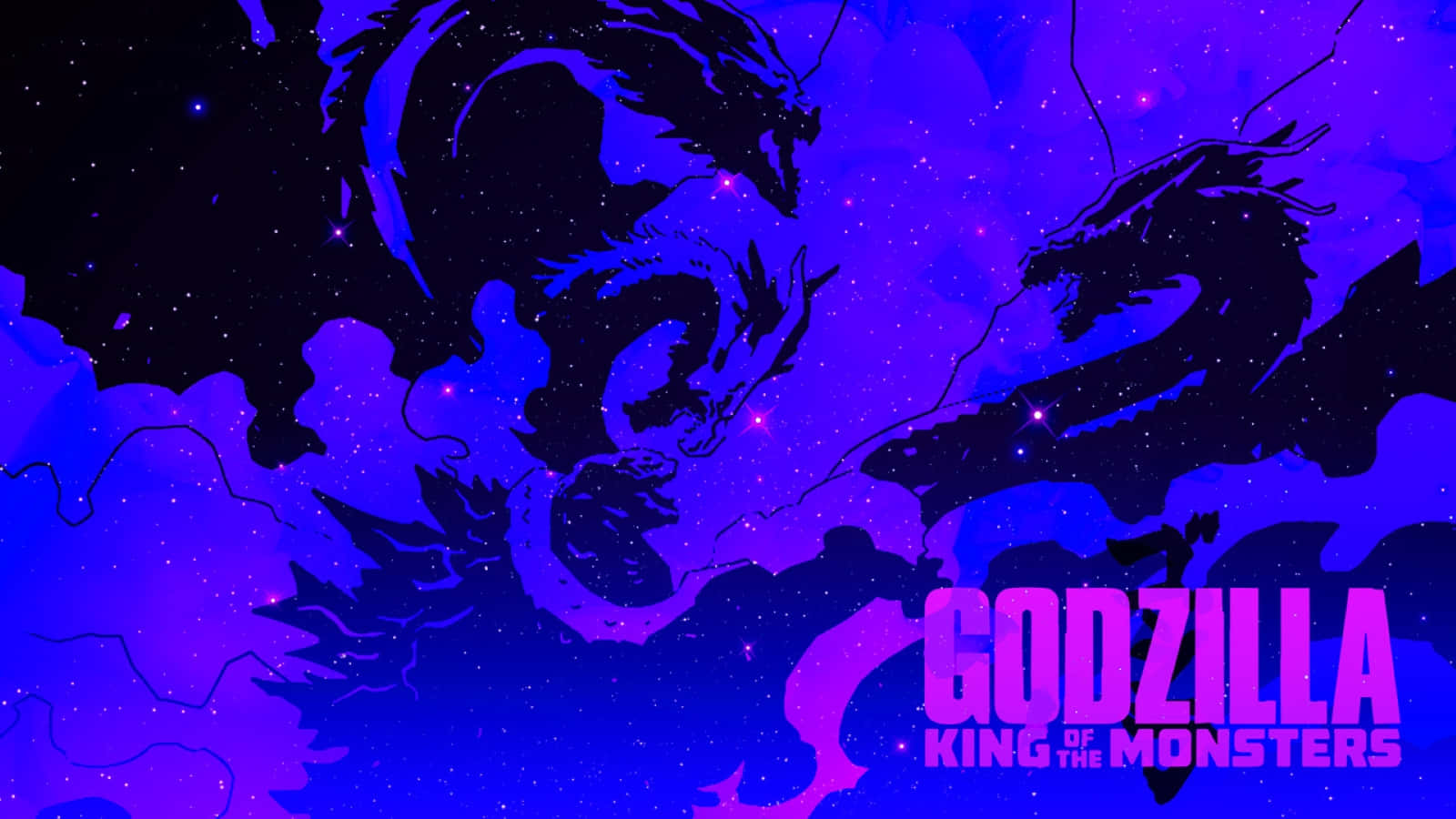 King Ghidorah 桌布 壁紙 — 一個風格化的哥斯拉剪影從宇宙紫色雲層中浮現，背景是繁星點點的夜空，並帶有粗體粉紅色標題文字。