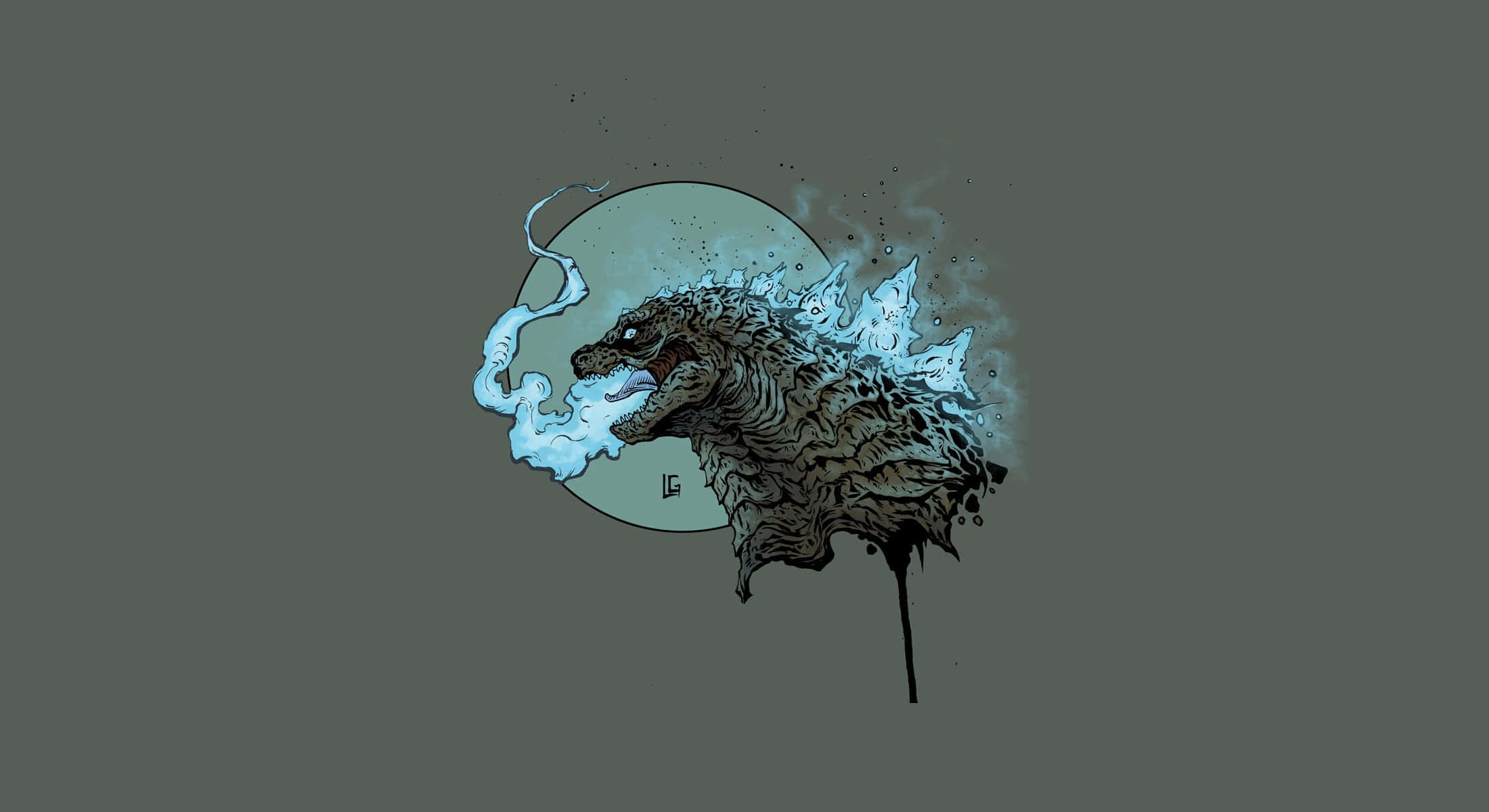 beast 桌布 壁紙 — 一個風格化的哥斯拉頭部在灰色背景上，對著柔和的圓形背景噴射出藍色原子吐息。