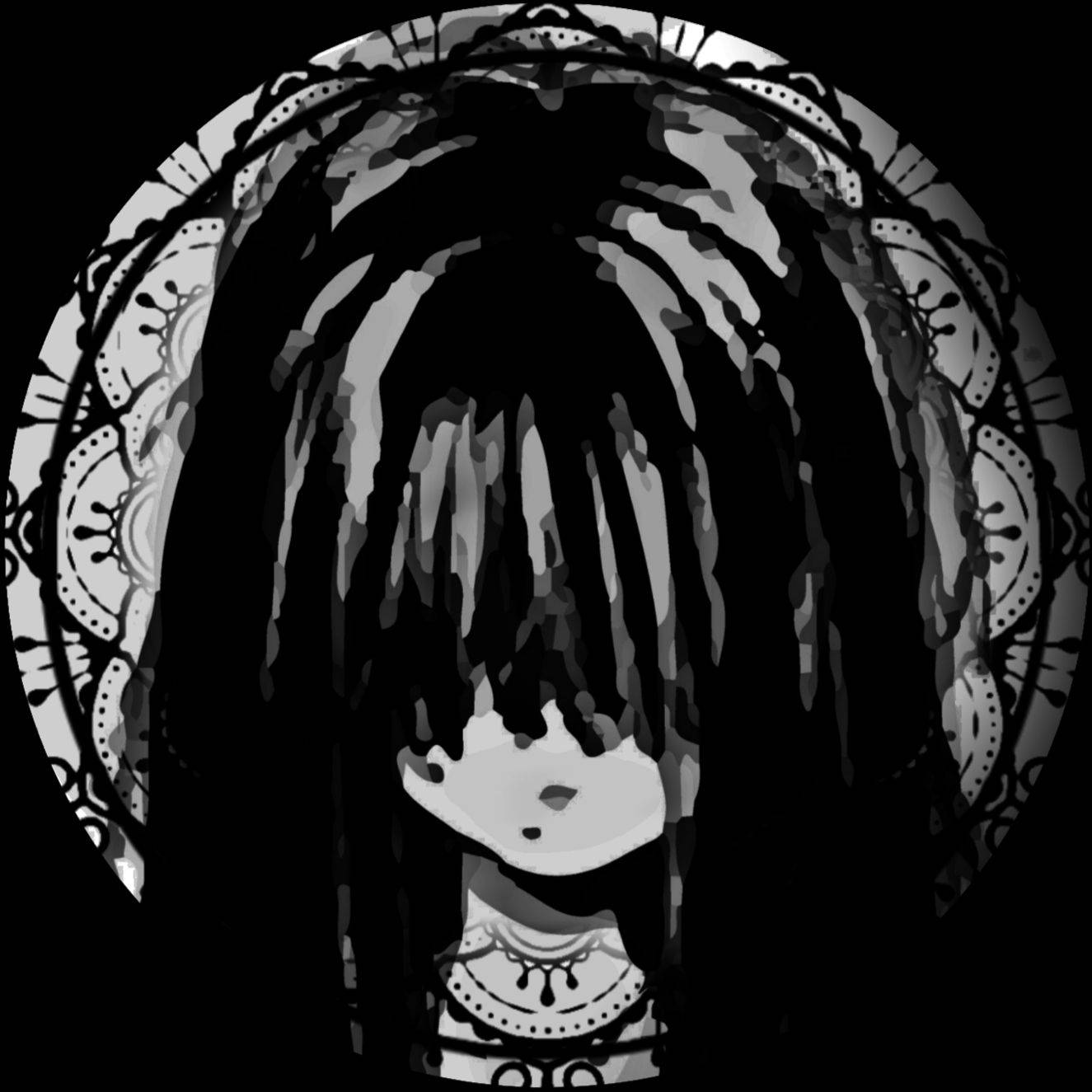 Anime PFP 桌布 壁紙 — 一個風格化的單色動漫女孩，長髮被華麗的圓形曼陀羅邊框環繞。