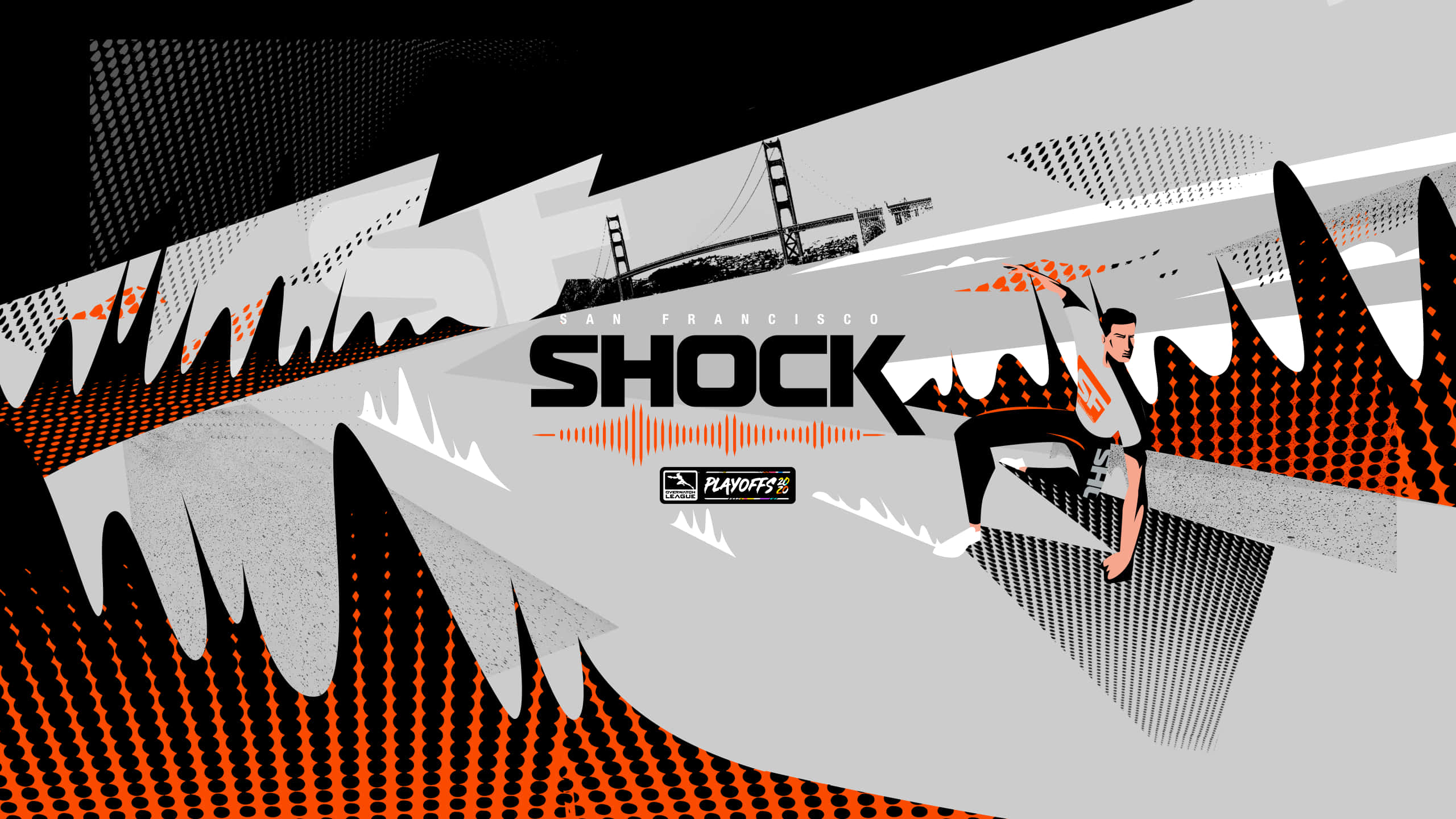 Overwatch League 桌布 壁紙 — 一個風格化的圖形，描繪一名籃球運動員在舊金山天際線背景下移動，搭配大膽的橙色、黑色和白色幾何圖案。