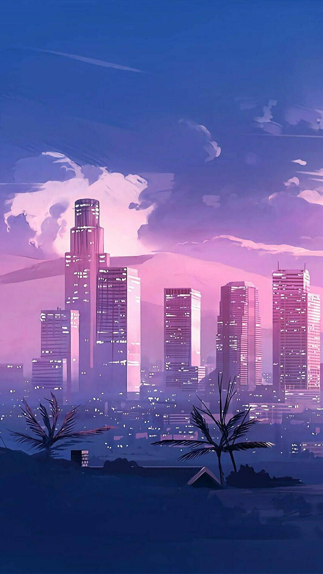 vector 桌布 壁紙 — 一個風格化的城市天際線，沐浴在紫色的暮色中，前景有棕櫚樹的剪影。