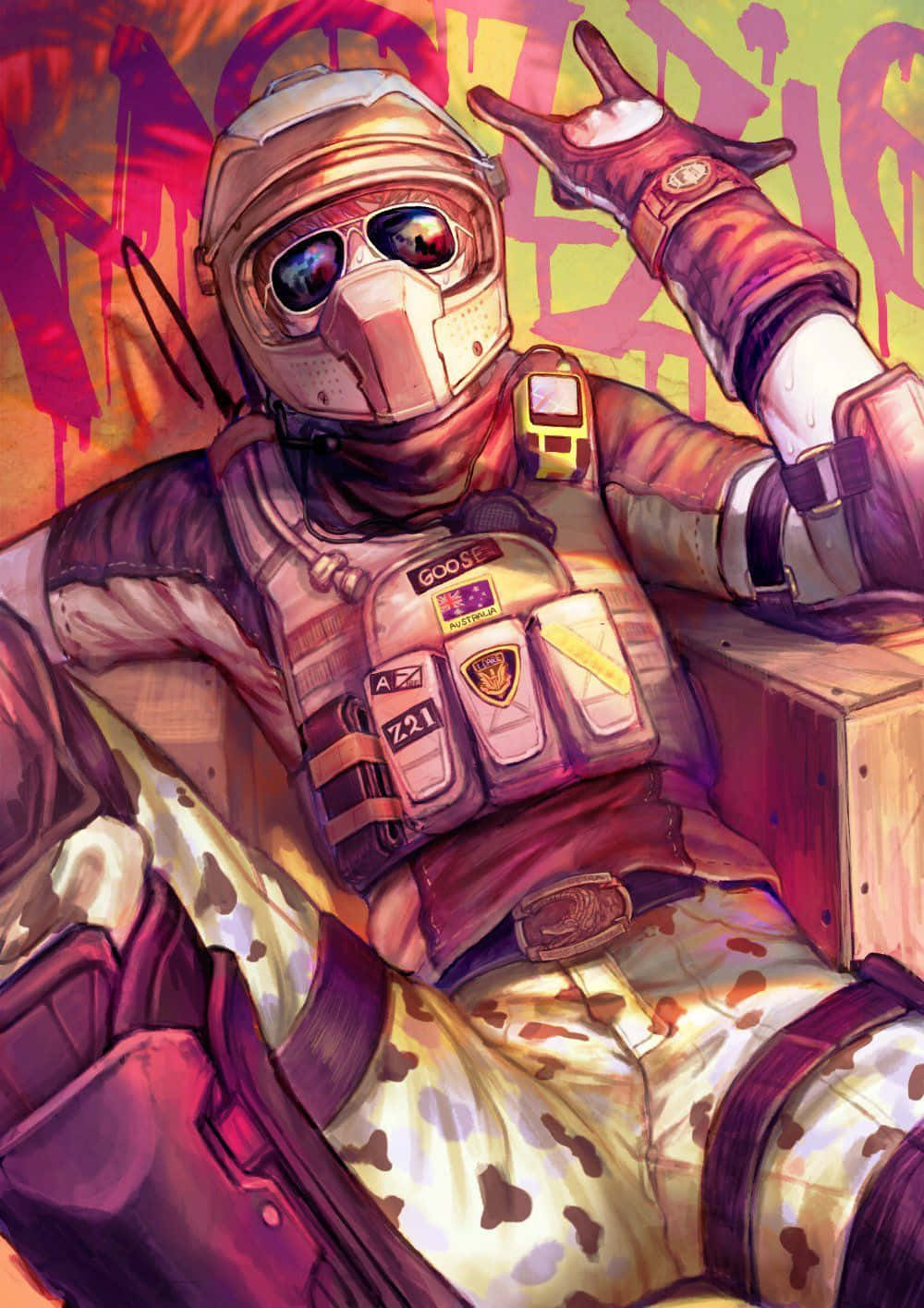 Rainbow Six Siege Mozzie 桌布 壁紙 — 一個風格化的士兵穿著全套裝備，隨意地靠在塗鴉牆上，戴著手套的手做出和平手勢。