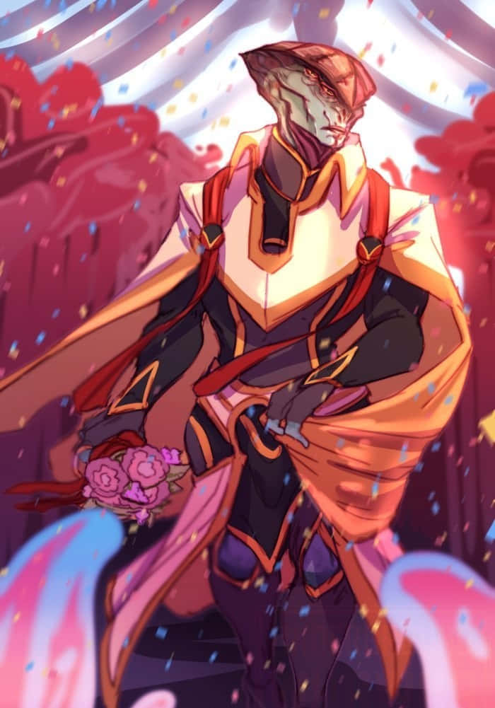 Mass Effect Javik 桌布 壁紙 — 一個風格化的外星戰士穿著華麗盔甲，在飄落的五彩紙屑和旋轉的宇宙能量中手持一束粉紅玫瑰。