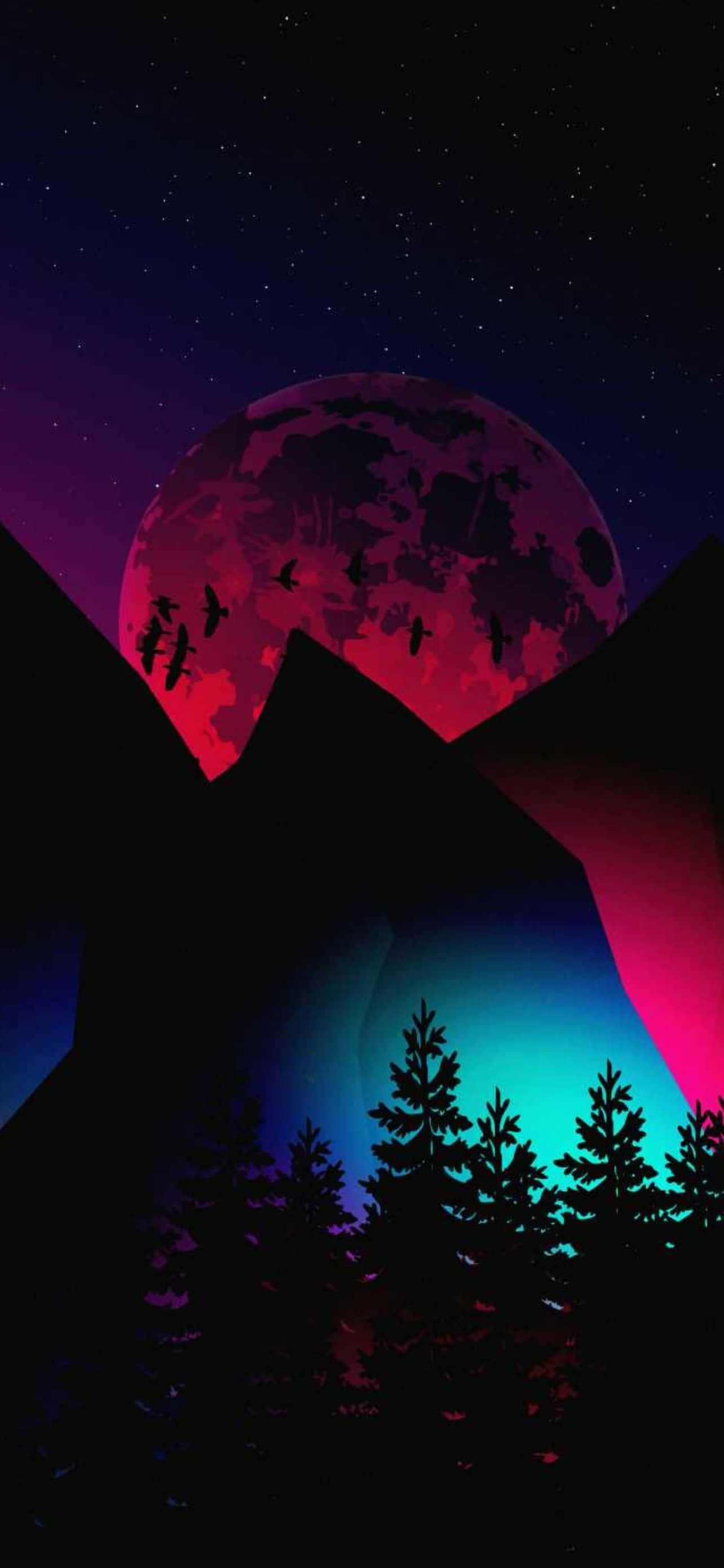Mountain iPhone 桌布 壁紙 — 一個風格化的夜景，黑暗的山脈和剪影樹木背後有一輪發光的紅月亮，星空下有飛鳥。