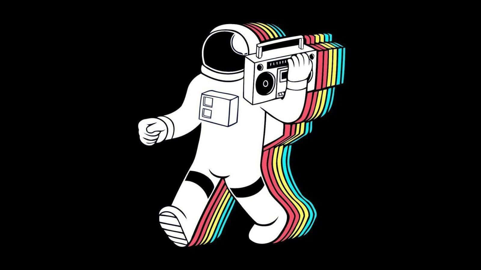 Vintage Cartoon Aesthetic 桌布 壁紙 — 一個風格化的太空人帶著一個發出彩虹色聲波的音響，在黑色背景上行走。