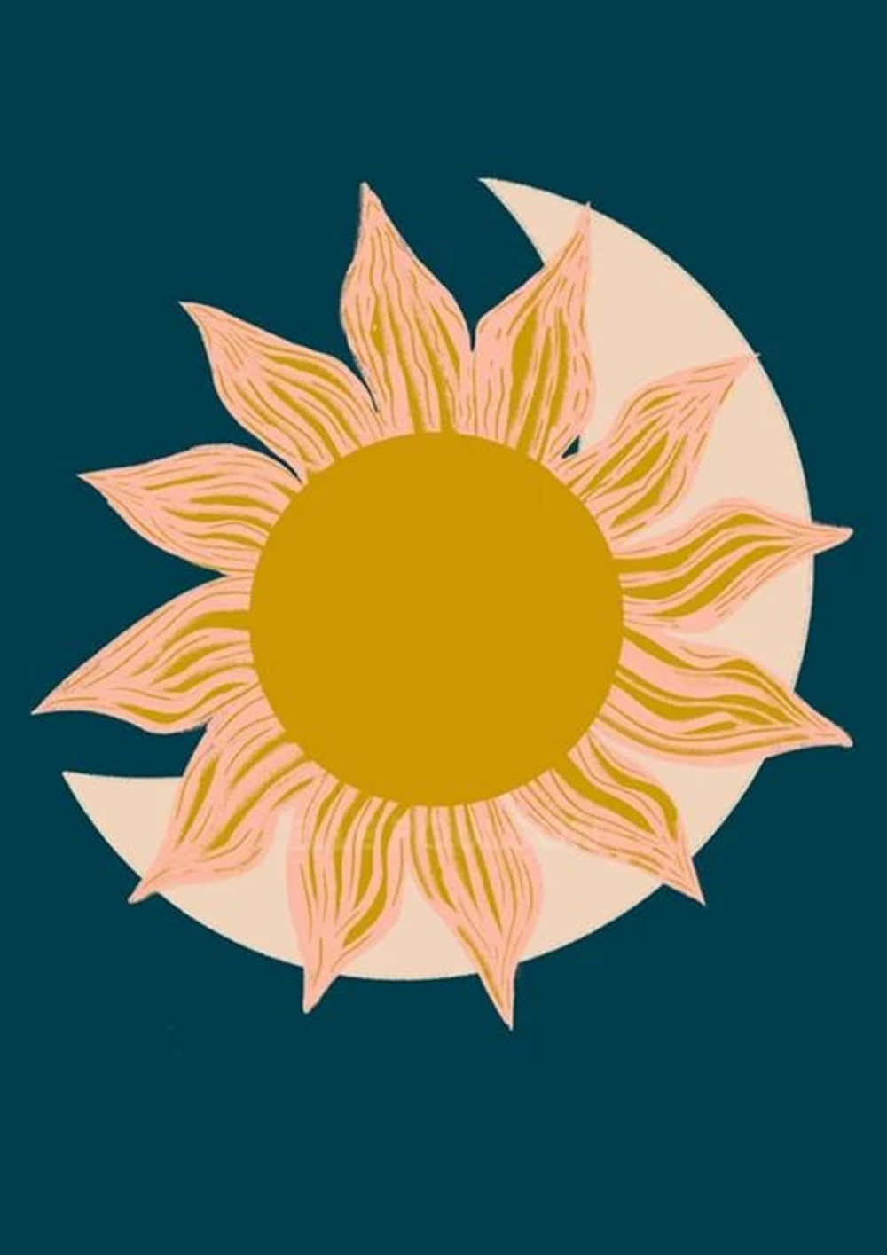 Sun And Moon Aesthetic 桌布 壁紙 — 一個風格化的太陽，帶有蜜桃色花瓣和黃色中心，與一個奶油色新月重疊，背景為深青色。