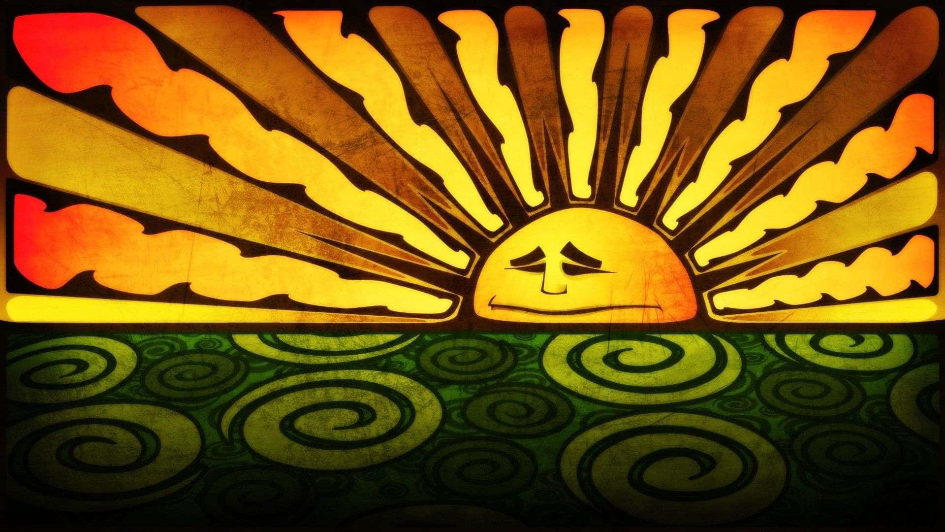 Trippy Nature 桌布 壁紙 — 一個風格化的太陽帶著悲傷的臉，在綠色螺旋圖案的地面上散發出溫暖的光芒。