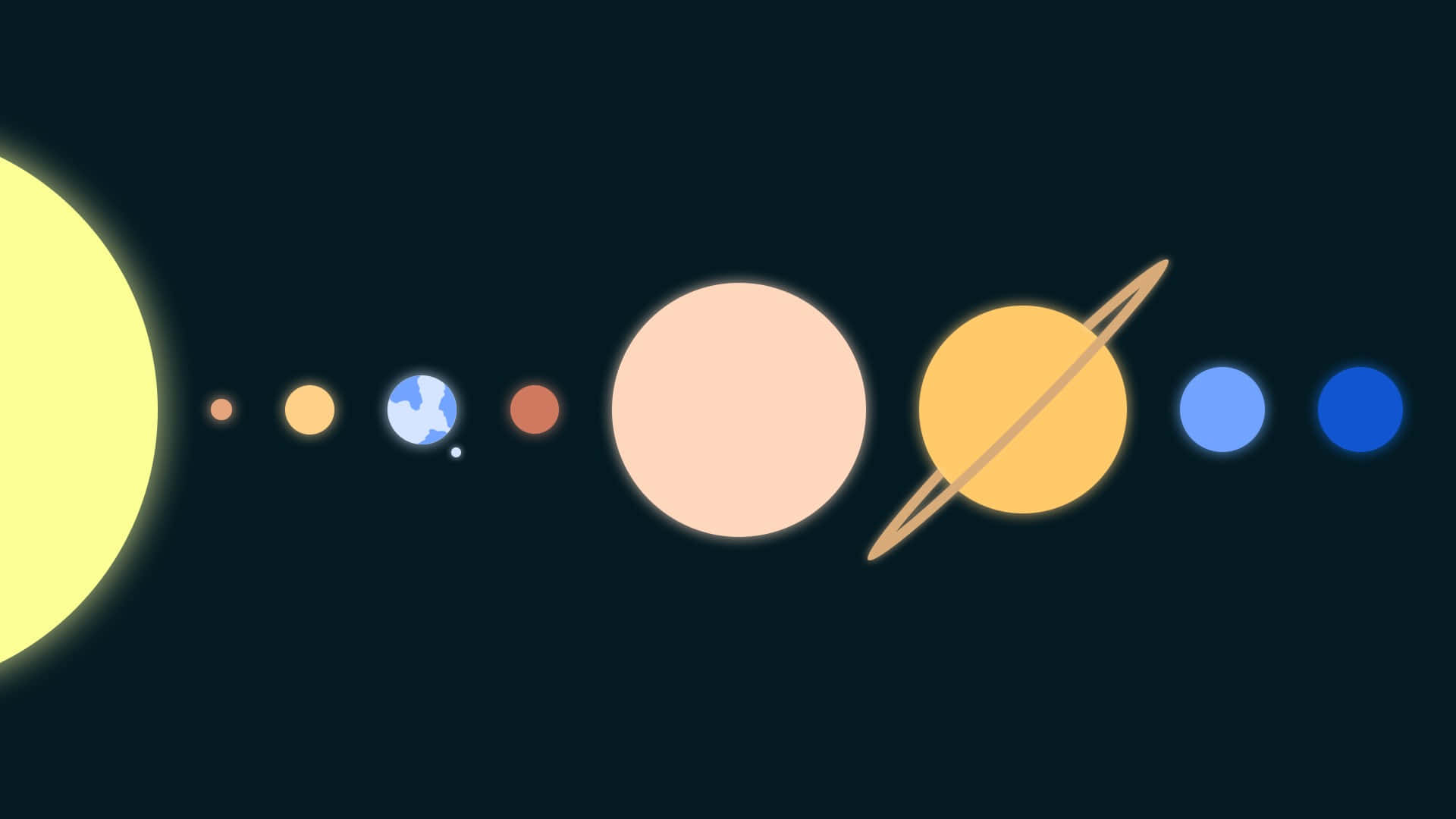 Minimalist Space 桌布 壁紙 — 一個風格化的太陽系，包含發光的太陽和行星，包括地球和土星，背景為黑暗的宇宙。