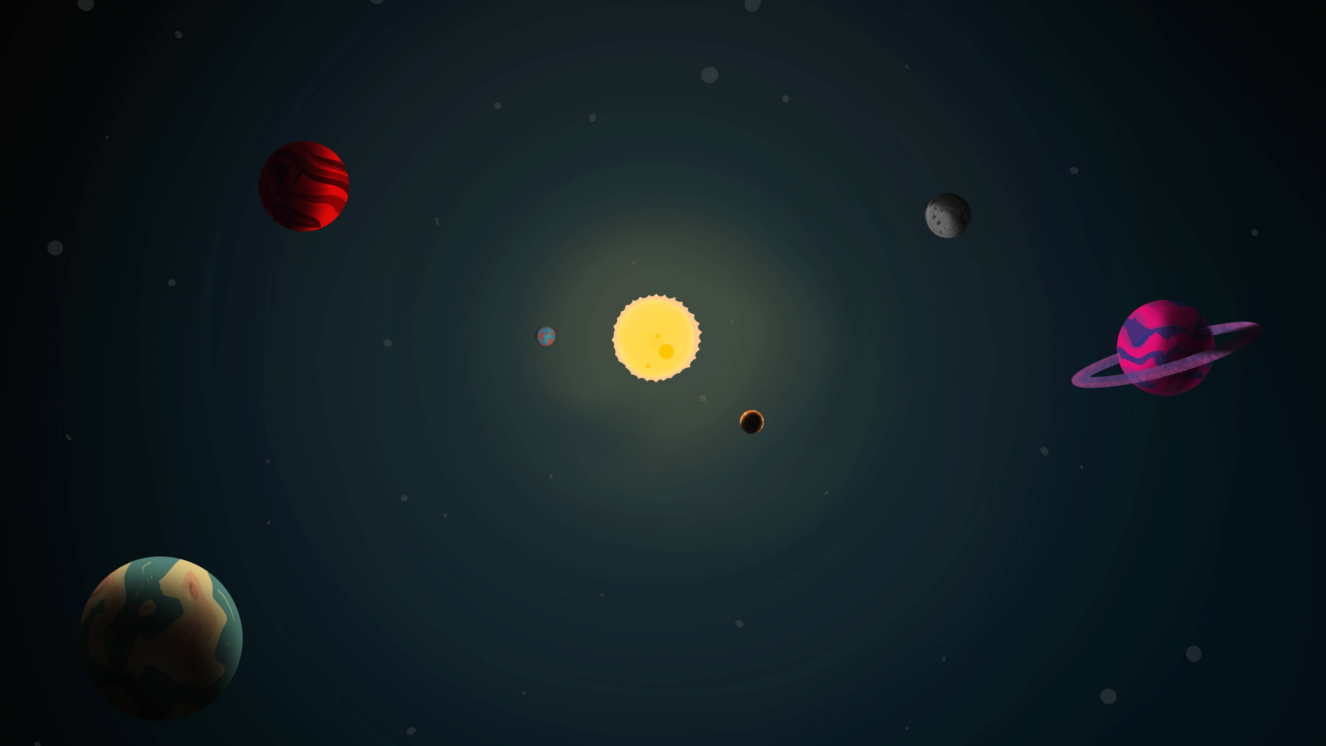 Solar System 桌布 壁紙 — 一個風格化的太陽系，明亮的黃色太陽周圍環繞著色彩繽紛的行星，包括一個帶環的粉紅色行星和一個帶條紋的紅色行星，背景是黑暗的星空。