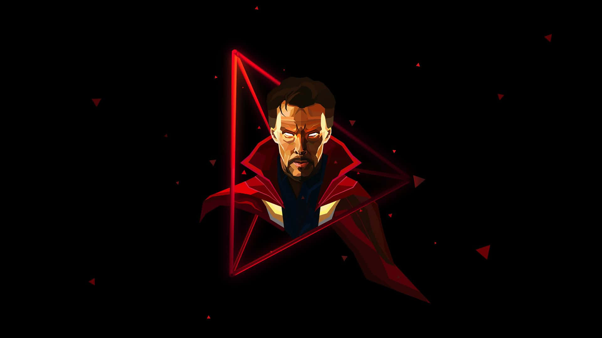 Dr Strange 桌布 壁紙 — 一個風格化的奇異博士，擁有發光的紅色眼睛，被一個發光的紅色三角形傳送門框住，背景為黑色，並有漂浮的紅色三角形。