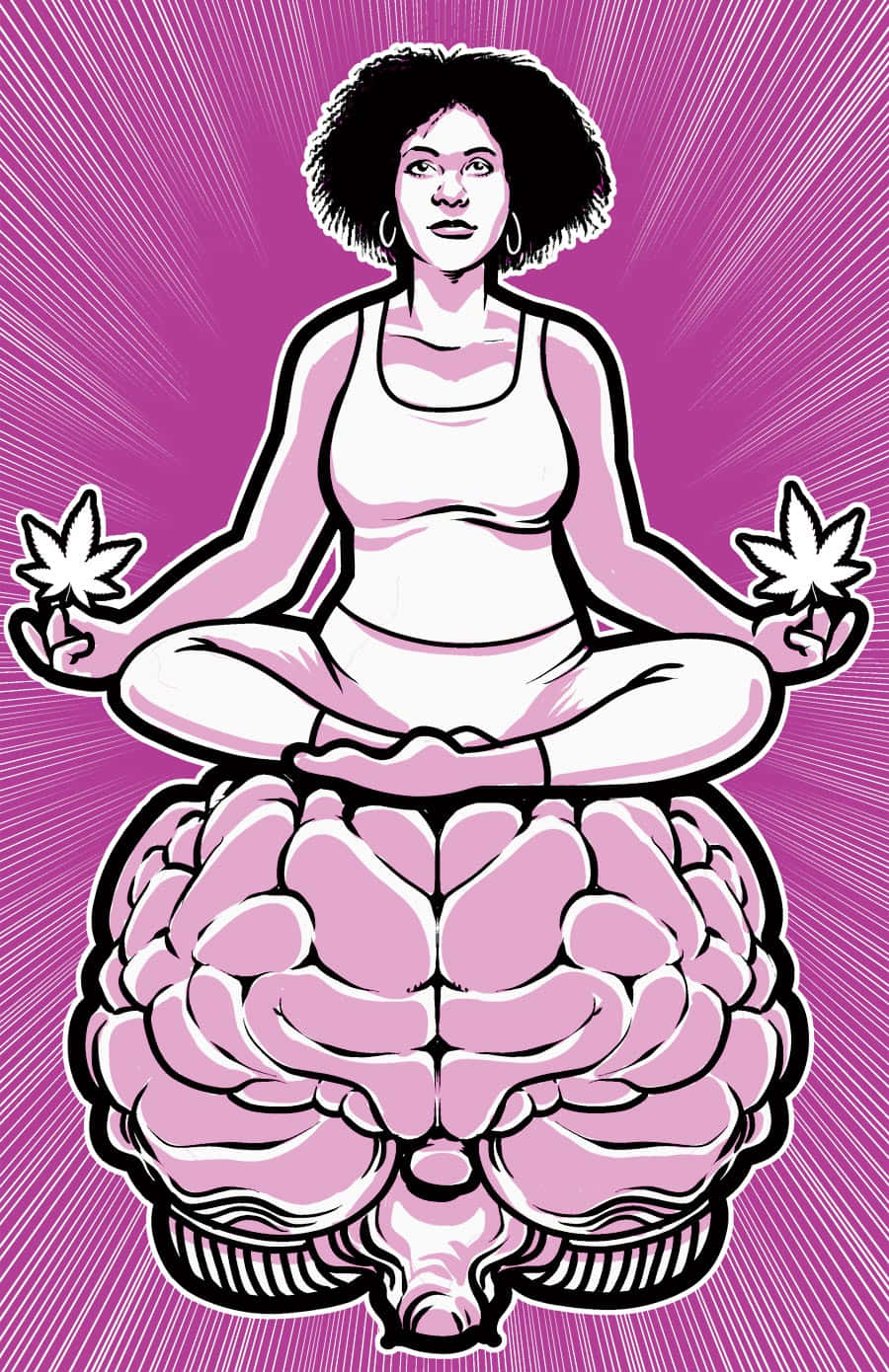 插畫 桌布 壁紙 — 一個風格化的女人在一個拿著大麻葉的大腦上冥想，背景是充滿活力的紫色放射狀背景。