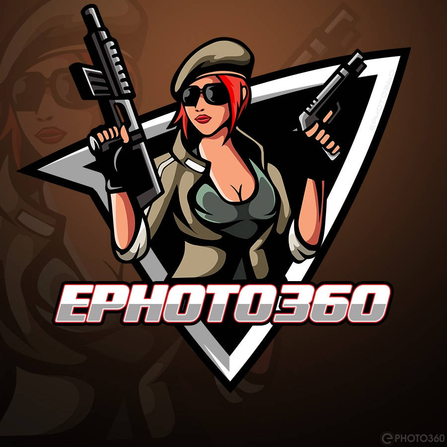Gamer Logo 桌布 壁紙 — 一個風格化的女兵，紅髮戴太陽眼鏡，在白色星形標誌內手持步槍和手槍。