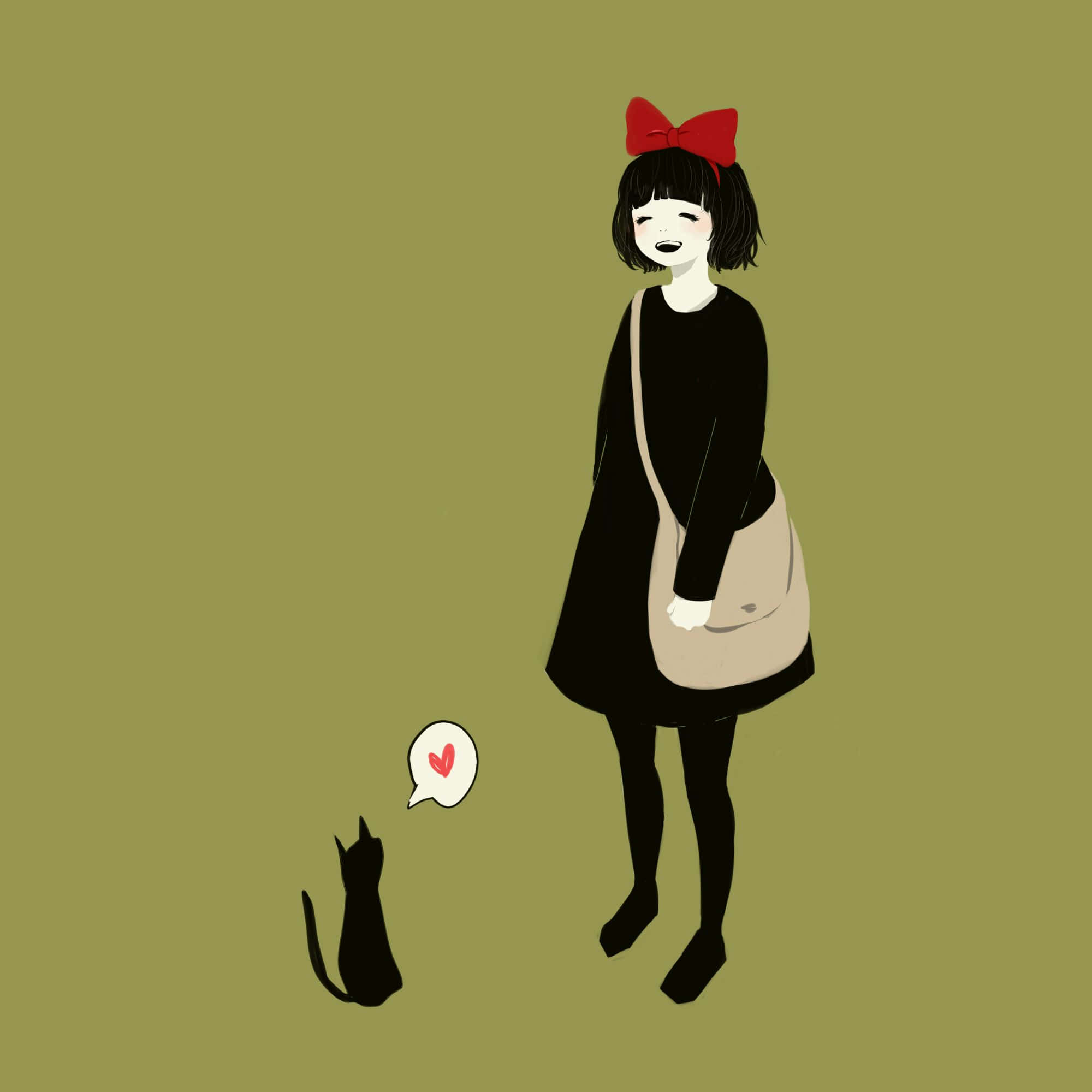 Jiji Cat 桌布 壁紙 — 一個風格化的女孩戴著紅色蝴蝶結，微笑著看著一隻在對話氣泡中低語愛意的黑貓。