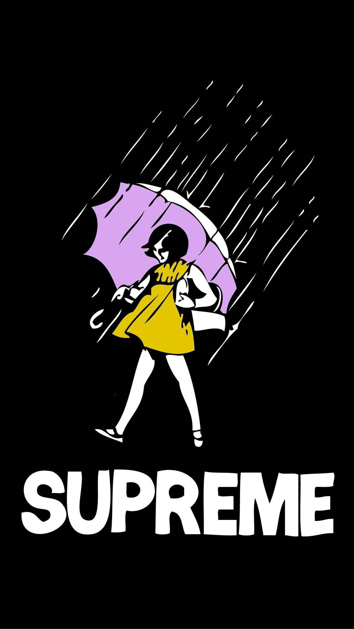 supreme 桌布 壁紙 — 一個風格化的女孩穿著黃色連衣裙，在黑色背景上對角線雨絲中撐著紫色雨傘，下方有「SUPREME」文字。
