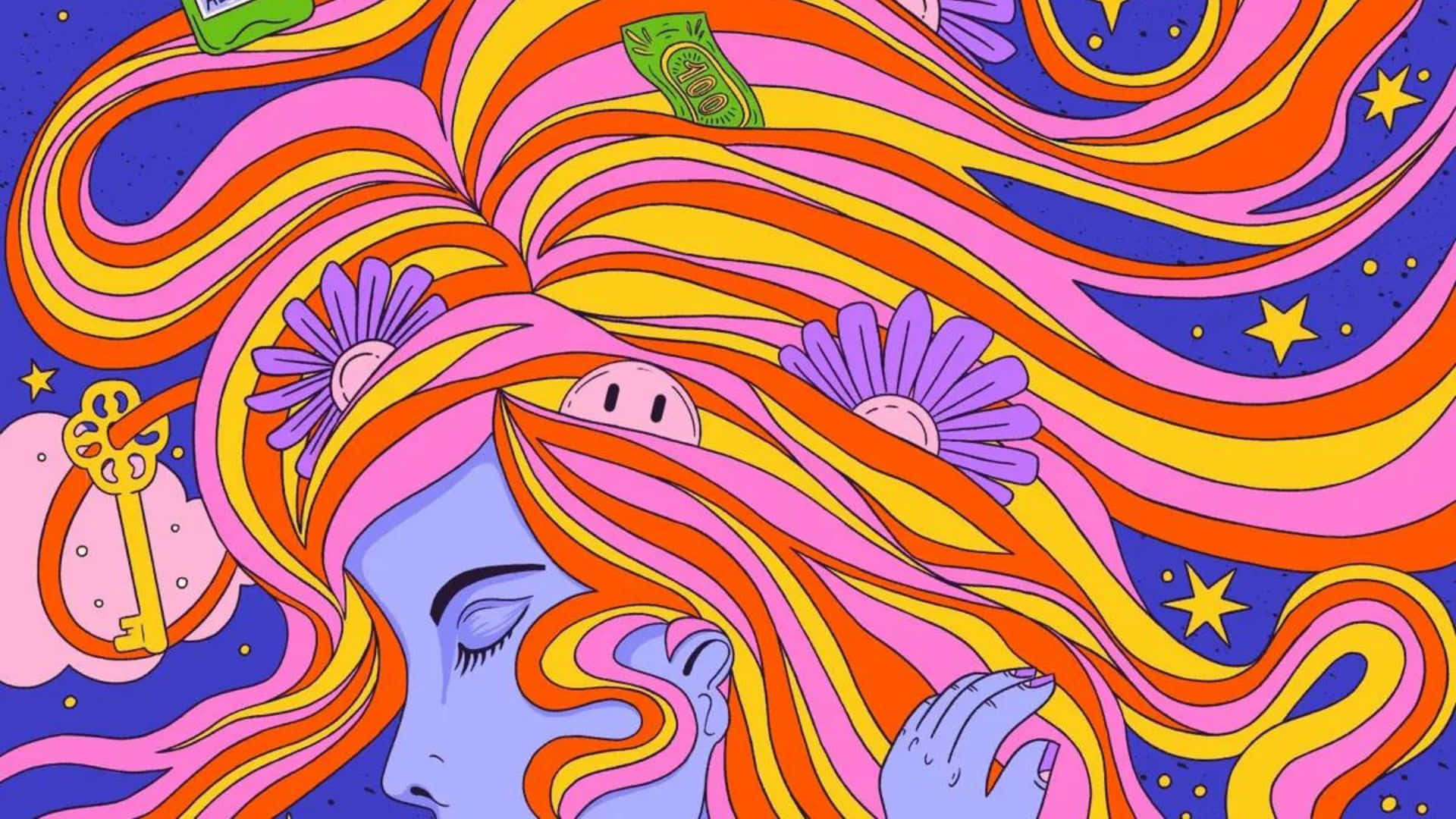 innovation 桌布 壁紙 — 一個風格化的女性，擁有流動的迷幻頭髮，裝飾著花朵、金錢和星星，背景是宇宙藍色。