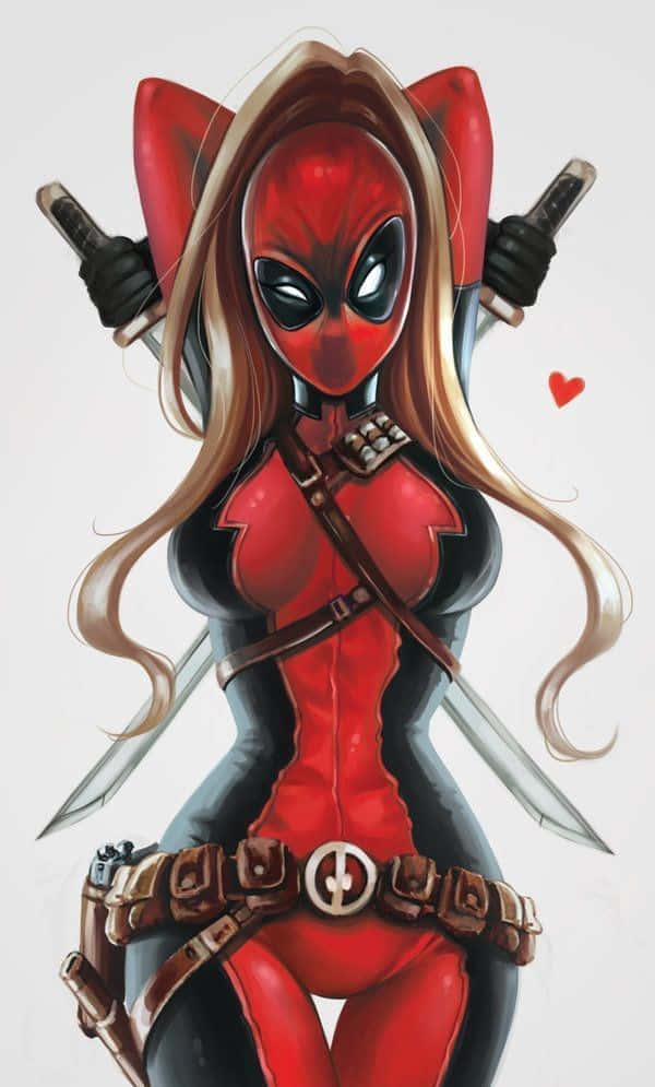 Lady Deadpool 桌布 壁紙 — 一個風格化的女性死侍，身穿紅黑套裝，手持兩把劍，附近漂浮著一個小心形。