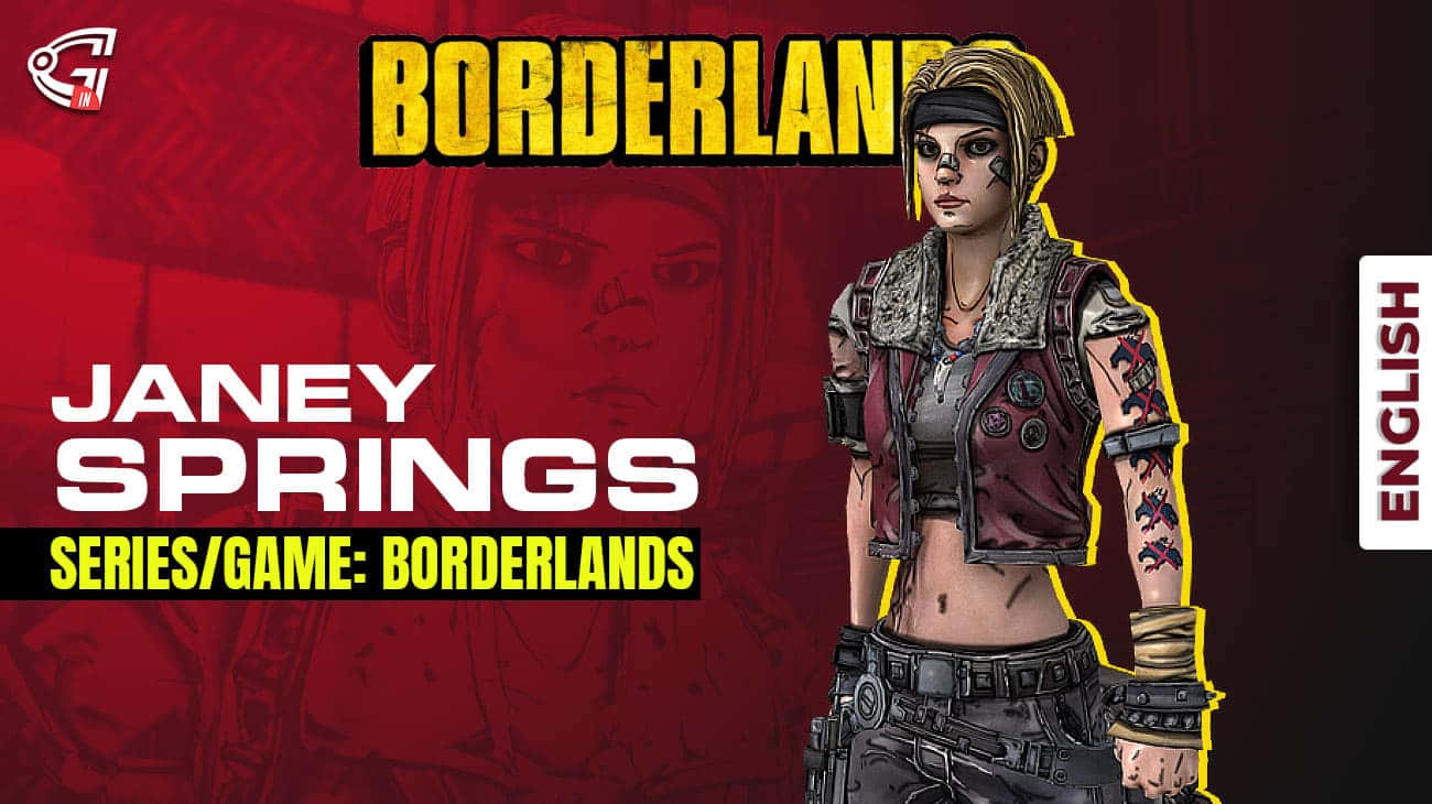 Borderlands Characters 桌布 壁紙 — 一個風格化的女性角色，帶有紋身和戰鬥裝備，站在紅色背景前，帶有'Borderlands'和'Janey Springs'文字。