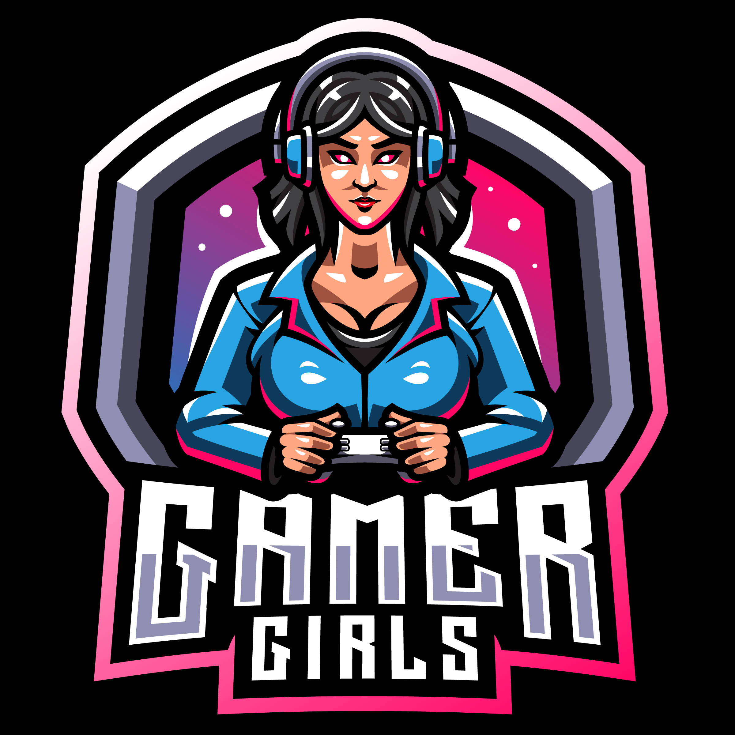 Gamer Logo 桌布 壁紙 — 一個風格化的女性遊戲玩家，戴著耳機和控制器，在幾何徽章內以宇宙背景為襯托。