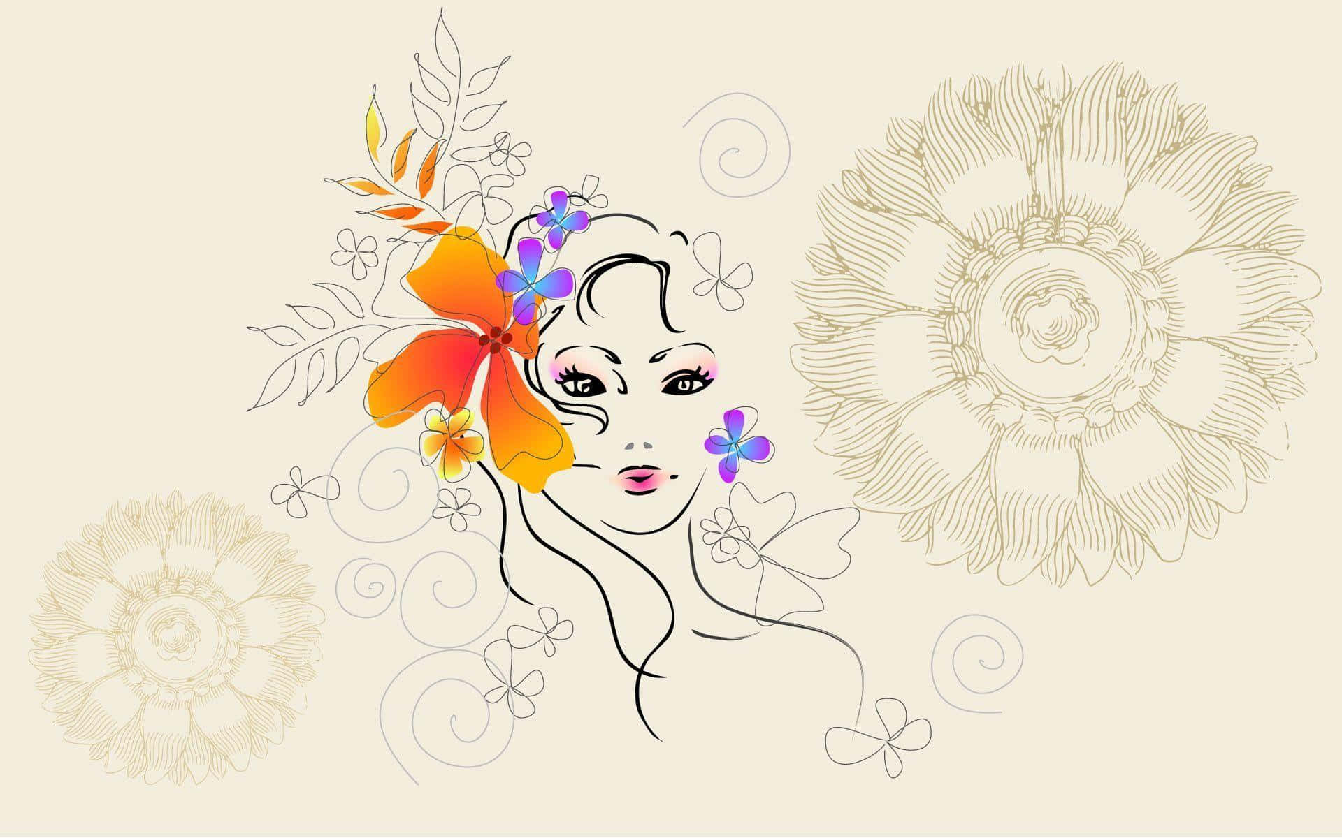 Beauty And Fashion 桌布 壁紙 — 一個風格化的女性面孔，點綴著鮮豔的橙色和紫色花朵，以及精緻的線條繪製花卉圖案，背景為柔和的米色。