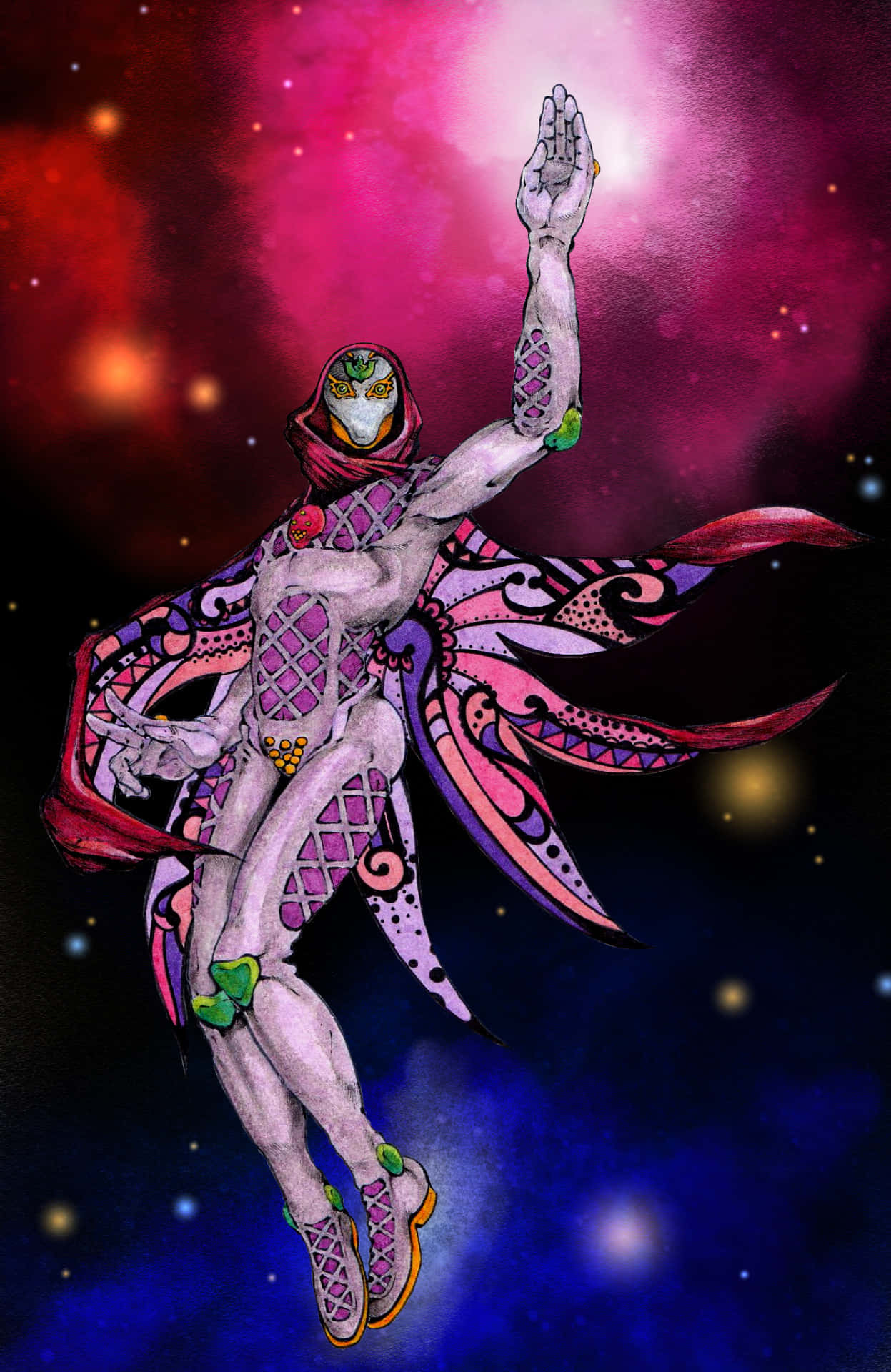 Jojo King Crimson 桌布 壁紙 — 一個風格化的宇宙人物，帶有複雜的紫色和粉紅色圖案，在充滿活力的星雲背景下優雅地漂浮。