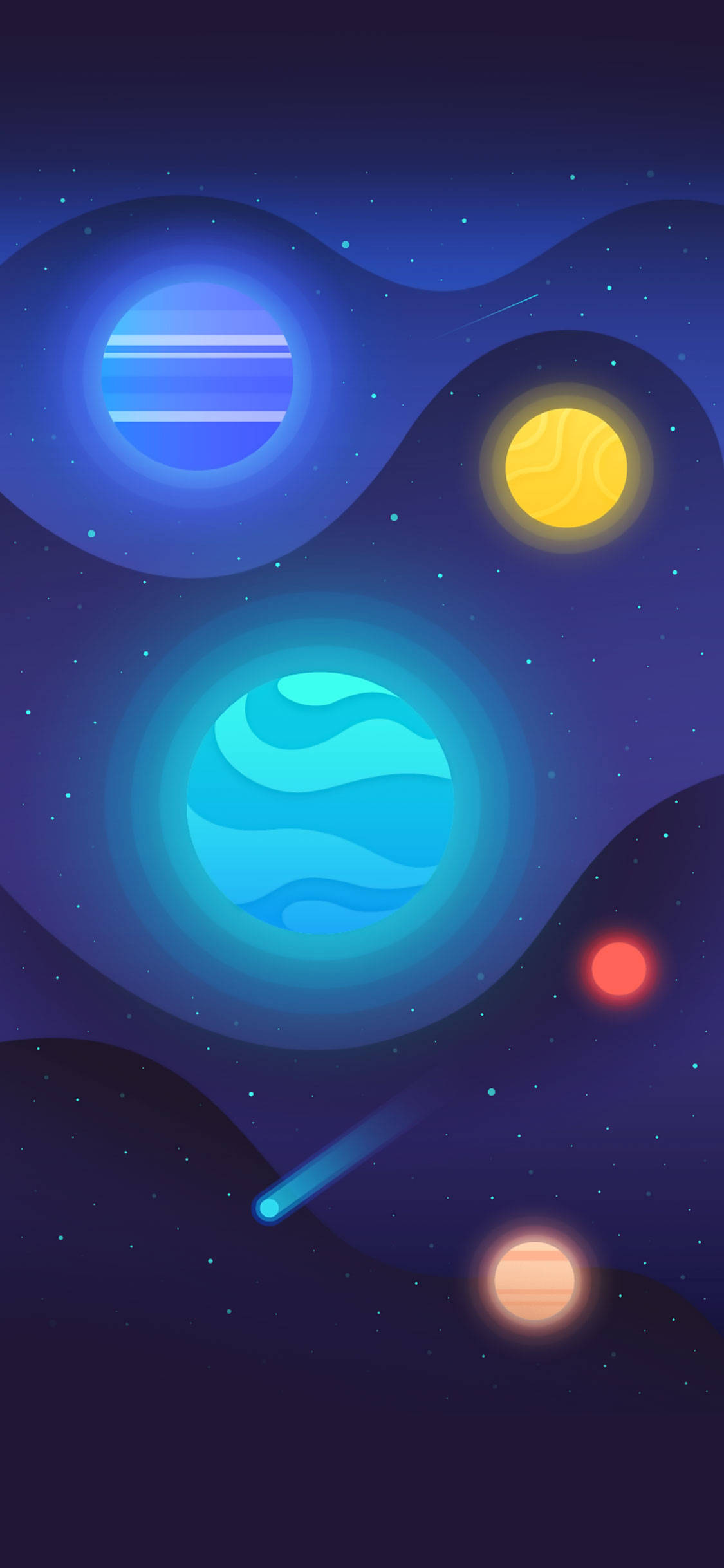 藝術 桌布 壁紙 — 一個風格化的宇宙場景，發光的行星和星星漂浮在深藍色的太空中。