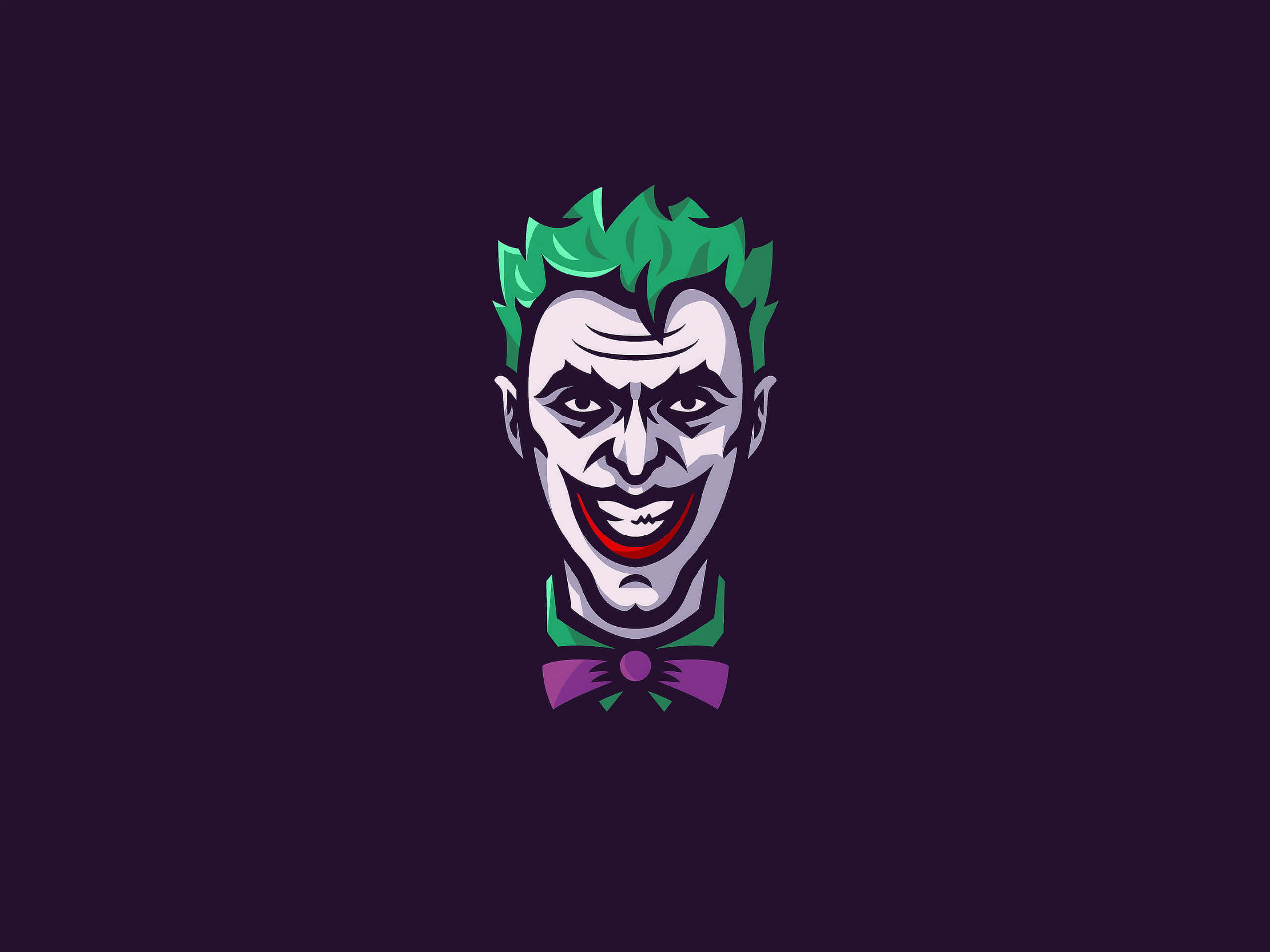 Joker Art 桌布 壁紙 — 一個風格化的小丑插圖，綠色頭髮、白色臉龐和紫色領結，背景為深紫色。