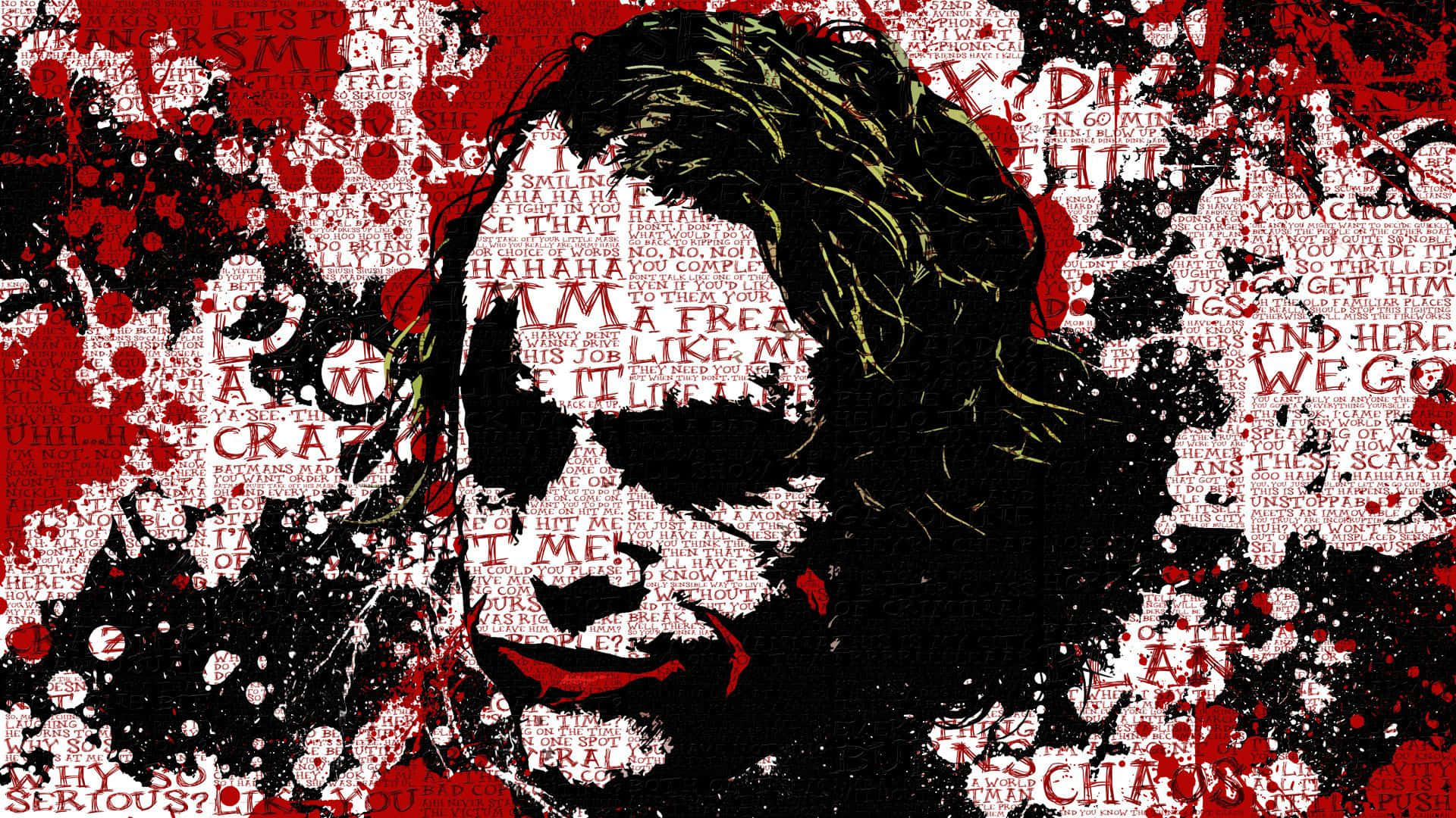 Joker Quotes 桌布 壁紙 — 一個風格化的小丑臉部圖形，帶有混亂的紅色飛濺和散落的引言，背景為白色。