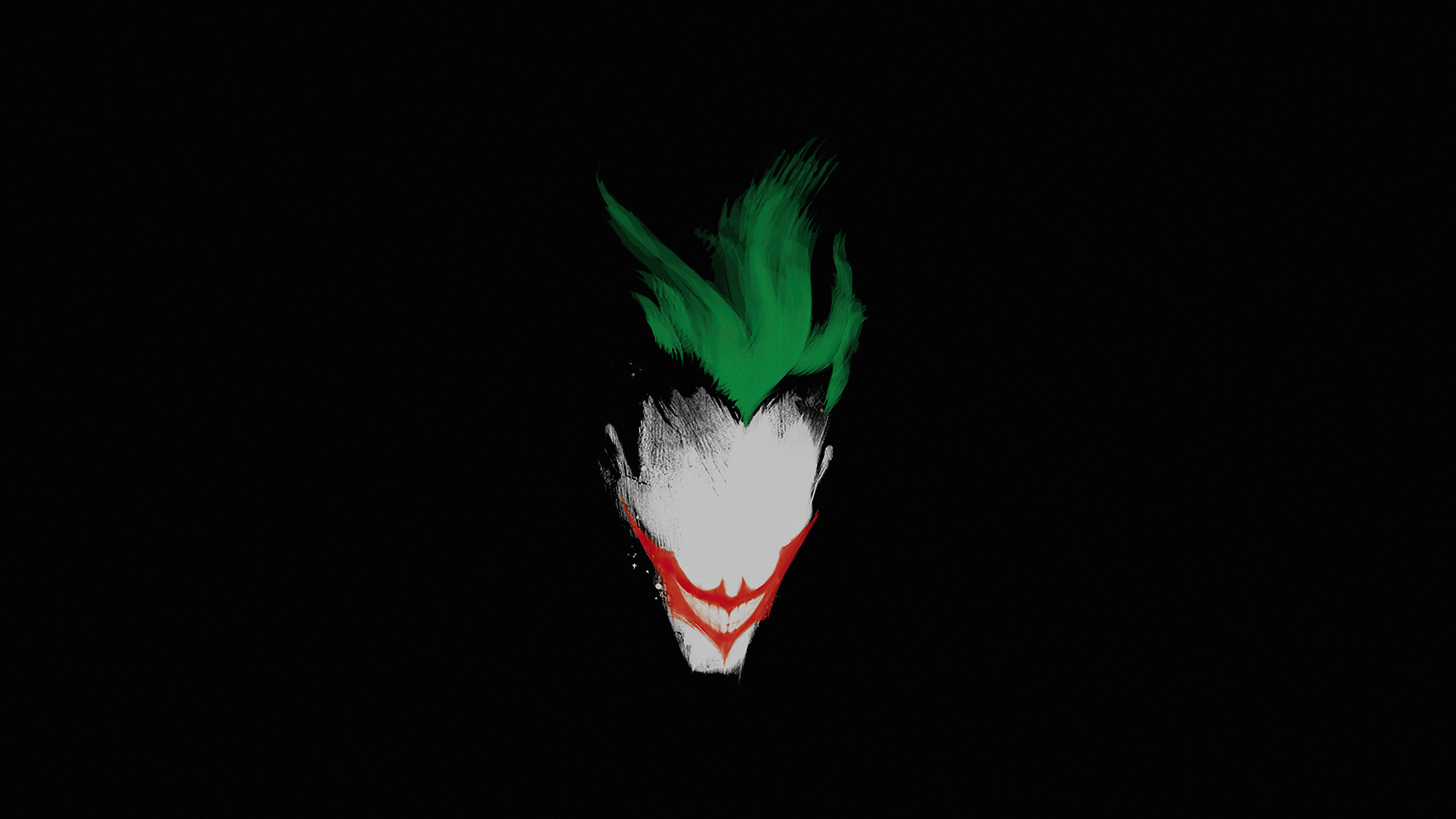 Batman Logo 桌布 壁紙 — 一個風格化的小丑面孔，綠色頭髮，白色臉龐，紅色咧嘴笑，背景為黑色。
