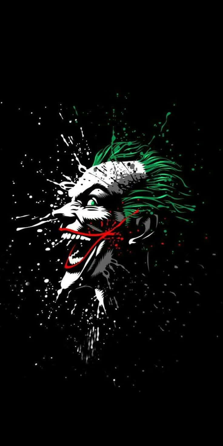 Joker Laughing 桌布 壁紙 — 一個風格化的小丑面孔，綠色頭髮和紅色嘴唇，在黑色背景上濺有油漆滴。