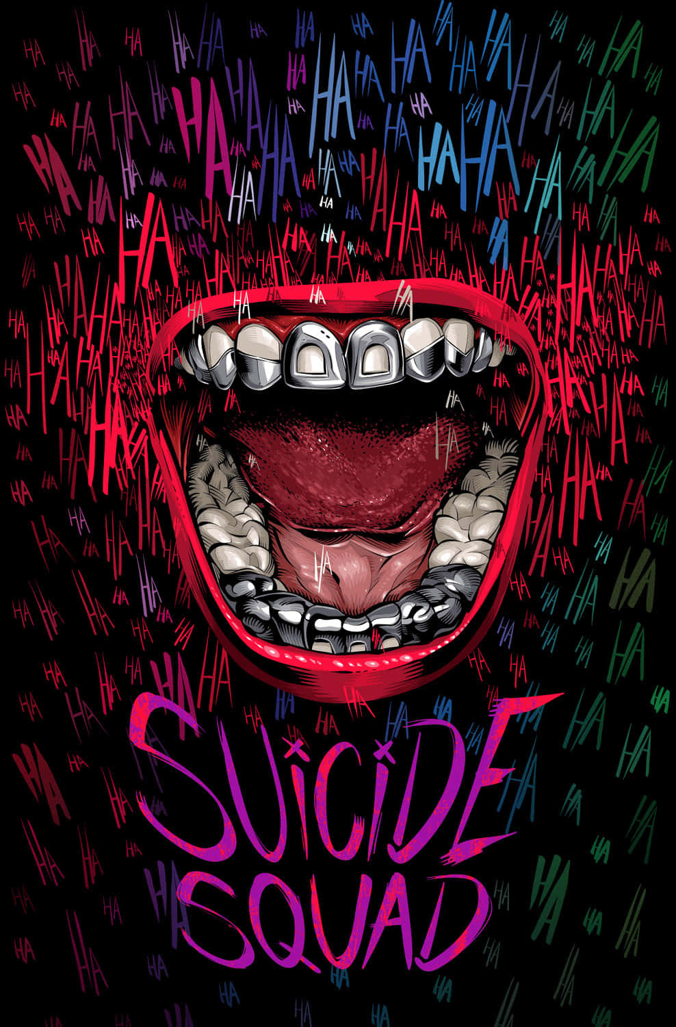 Joker Laughing 桌布 壁紙 — 一個風格化的尖叫嘴巴，帶有金屬牙套，周圍環繞著混亂多彩的「HA HA」文字和「SUICIDE SQUAD」標題。