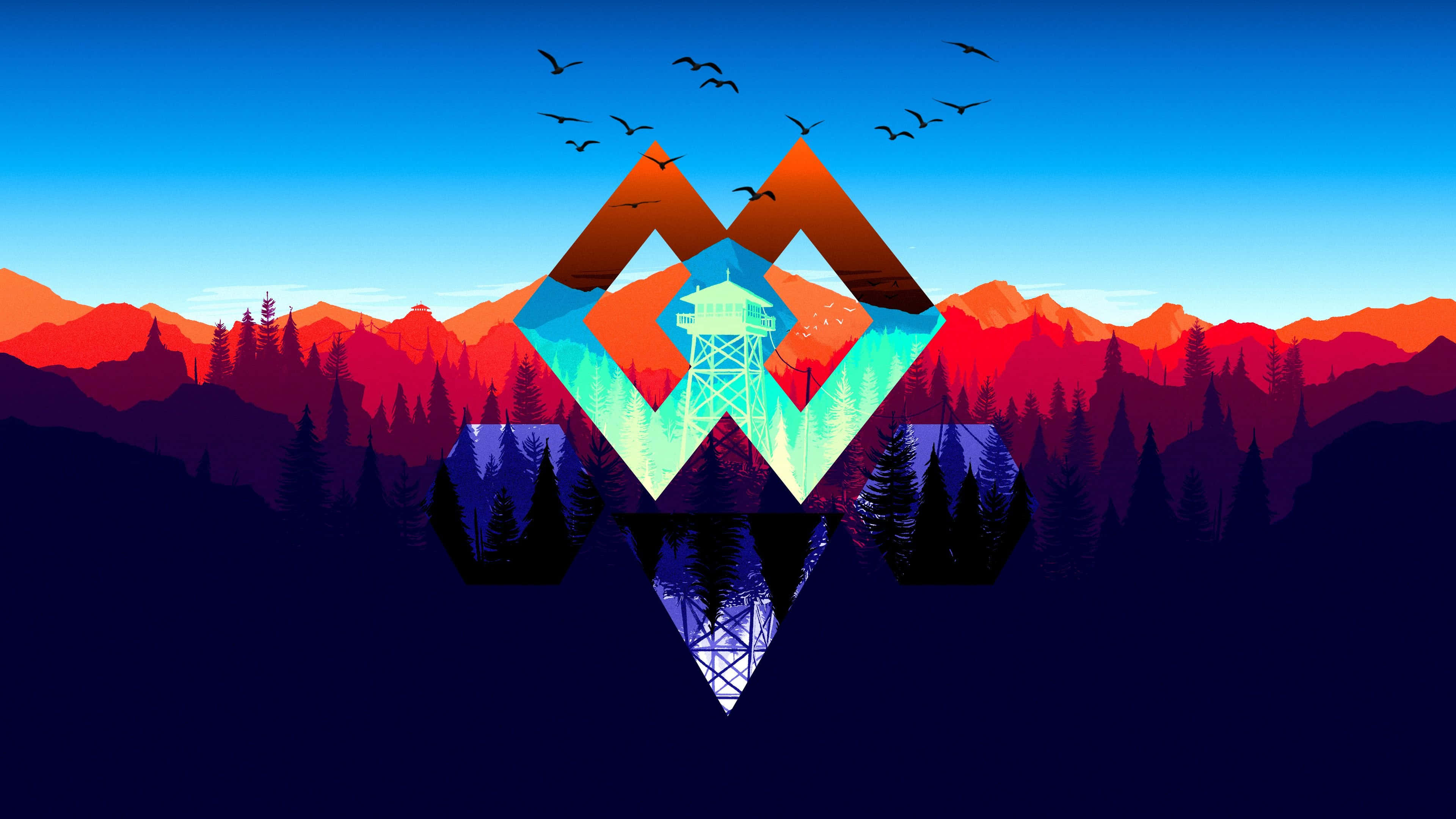 Firewatch 桌布 壁紙 — 一個風格化的山景，中央有一座發光的幾何塔樓，被層疊的山峰和飛鳥環繞，天空呈現漸變色。