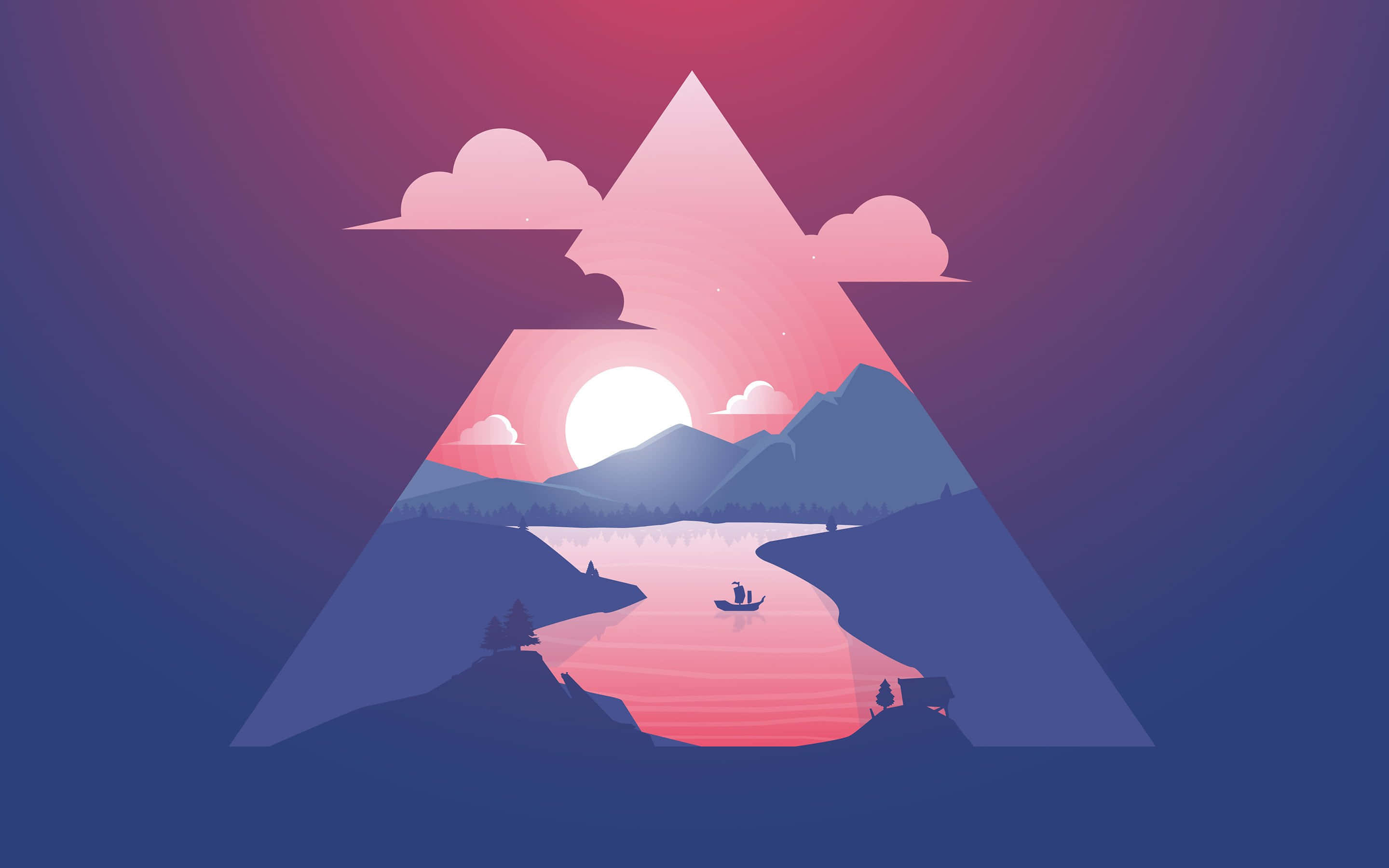Minimal Art 桌布 壁紙 — 一個風格化的山湖場景，在日落時被一個發光的粉紅色三角形框住，一艘孤獨的小船漂浮在平靜的水面上。