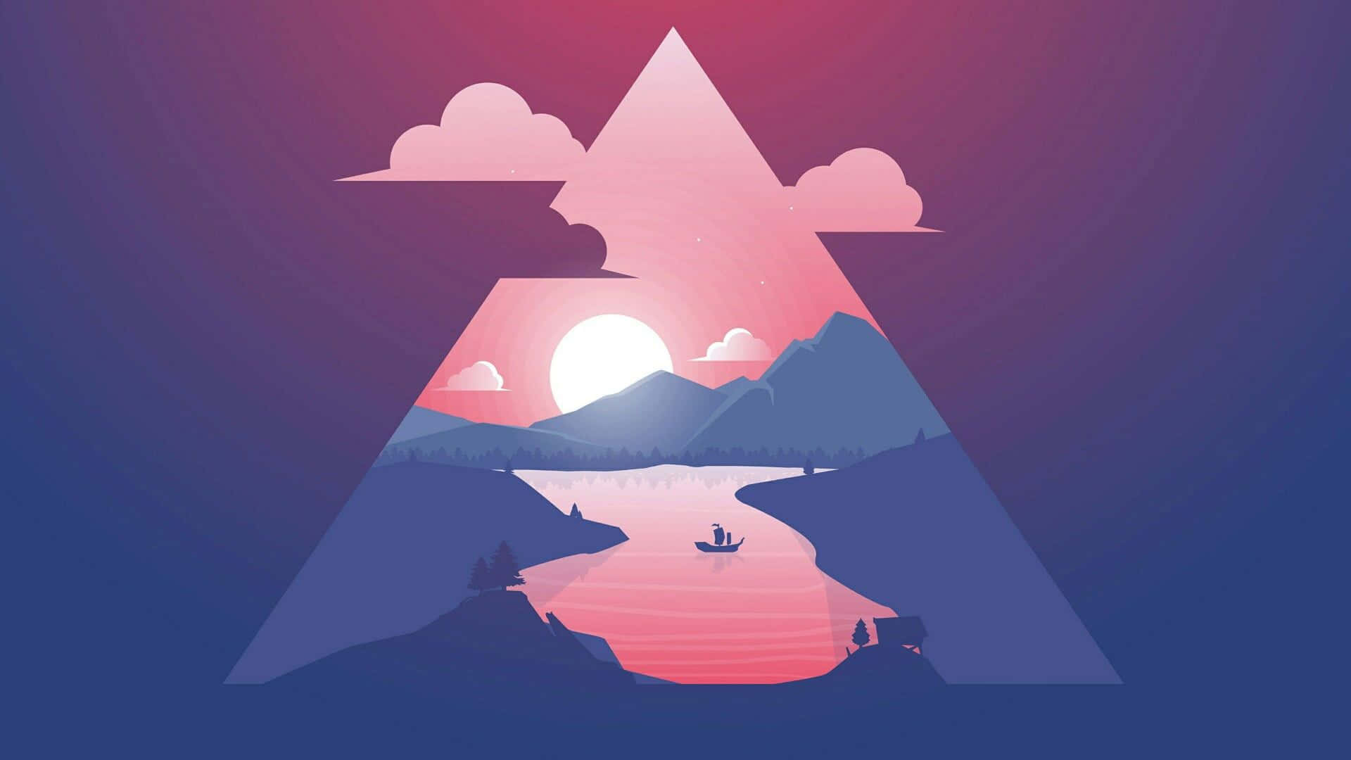 Minimalist Sky 桌布 壁紙 — 一個風格化的山湖日落景色，有一艘孤獨的船和小屋，由幾何三角形天空框住。