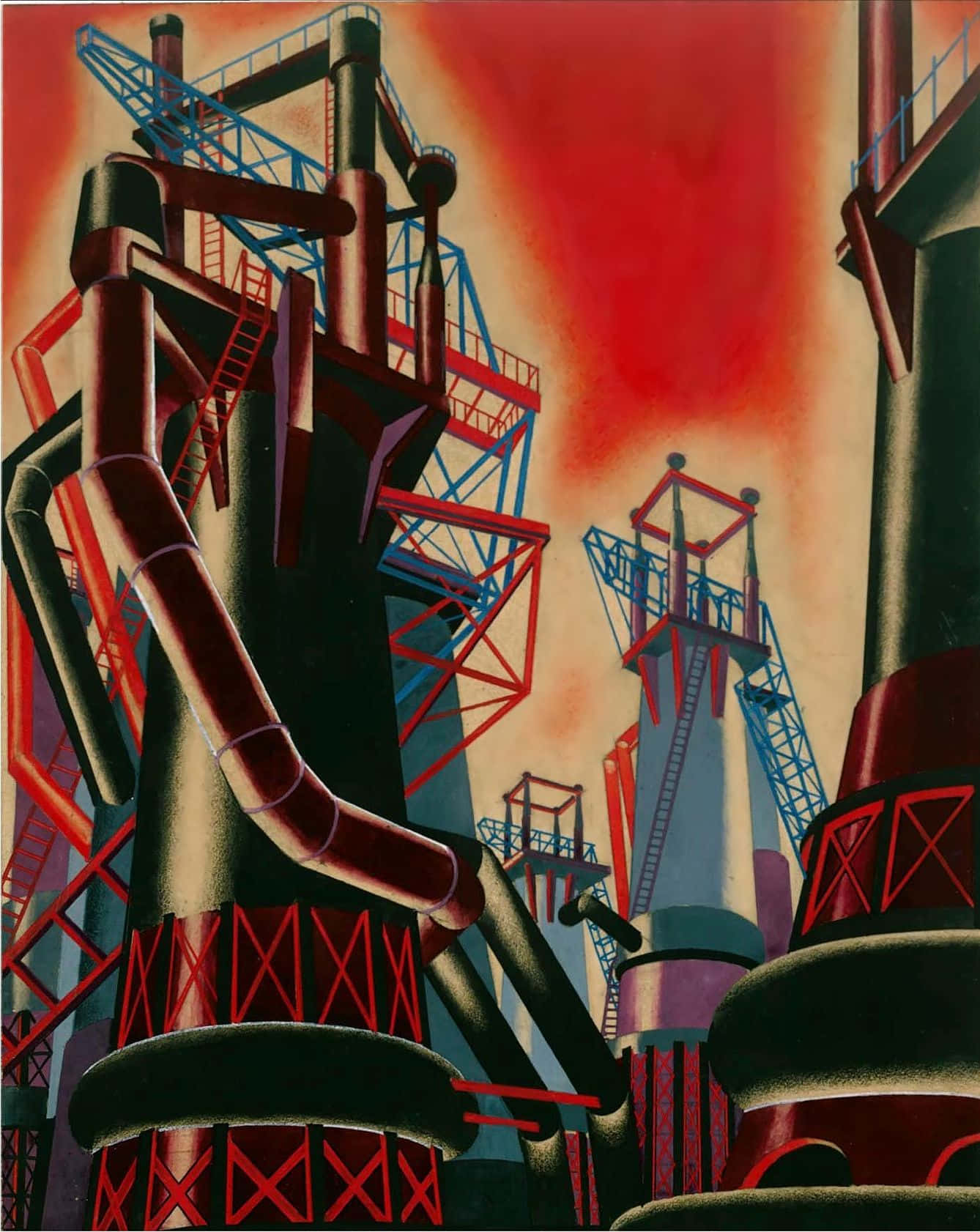 Constructivism 桌布 壁紙 — 一個風格化的工業場景，有高聳的紅色和藍色管道及結構，背景是火紅的天空。