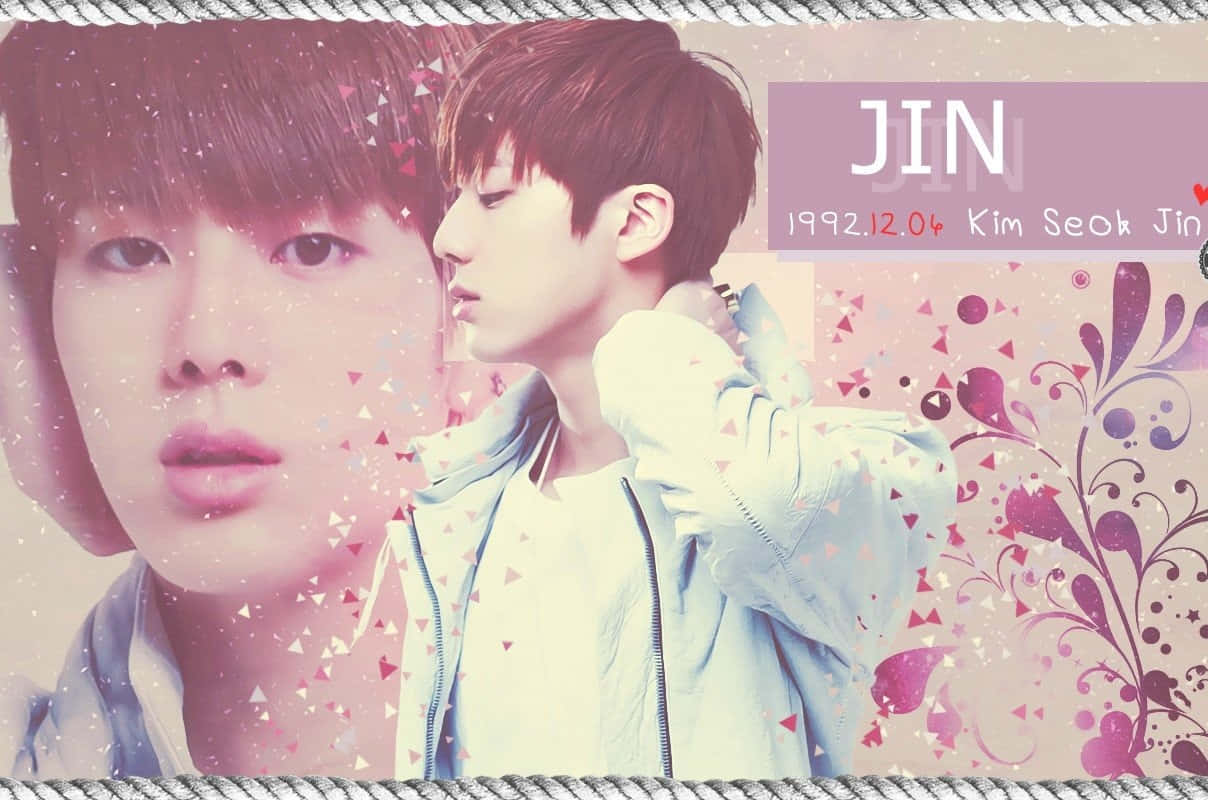 Jin 桌布 壁紙 — 一個風格化的年輕男子肖像，短棕髮，穿著淺藍色外套，背景是粉紅色花卉圖案並帶有文字疊加。