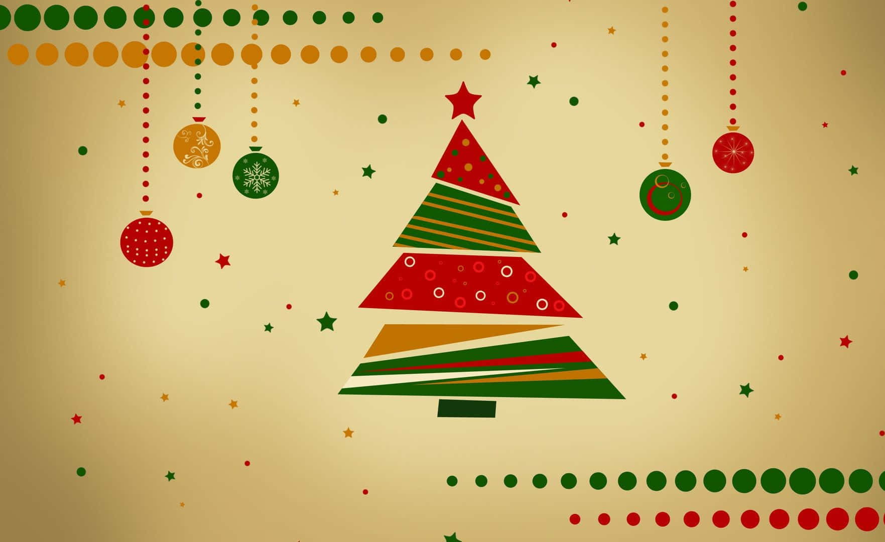 Vintage Christmas 桌布 壁紙 — 一個風格化的幾何聖誕樹，掛有紅色、綠色和金色的裝飾品，背景是溫暖的米色。