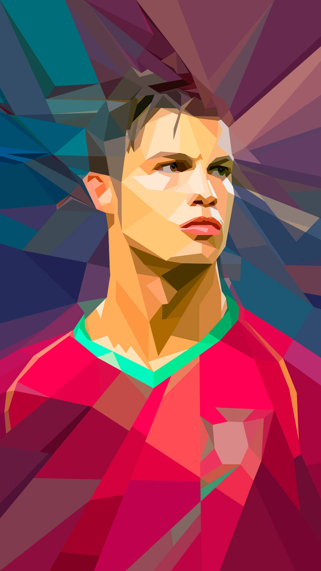Cristiano Ronaldo 桌布 壁紙 — 一個風格化的幾何肖像，描繪一位身穿紅色球衣的足球員，背景是充滿活力的抽象圖案。