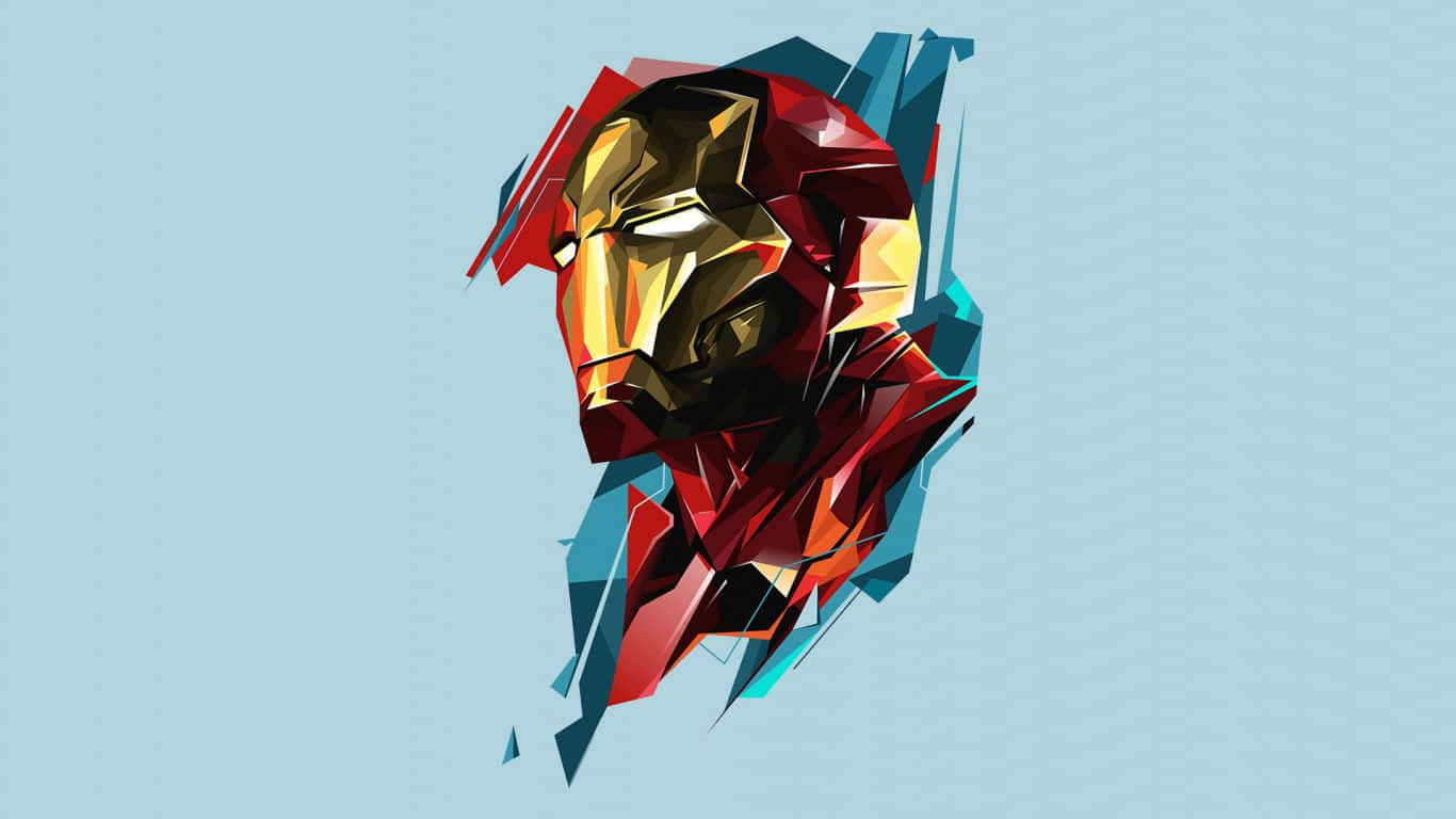 1366x768 marvel 桌布 壁紙 — 一個風格化的幾何鐵甲奇俠頭盔，以紅色、金色和藍色呈現，背景為淺藍色。
