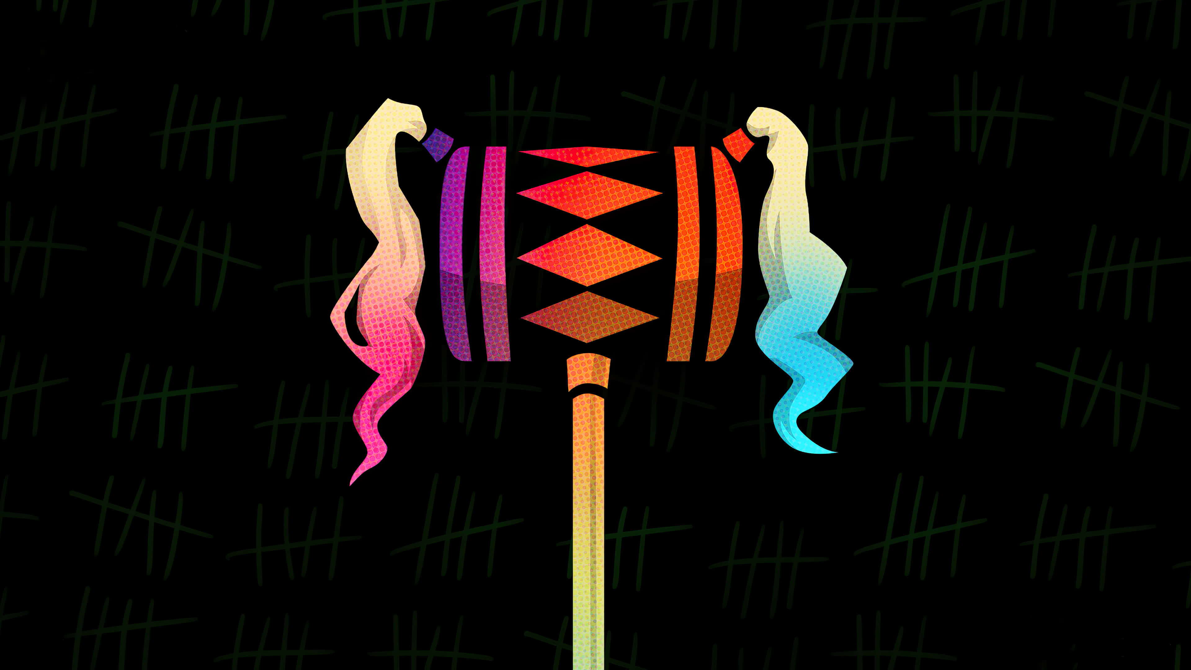 Harley Quinn Hammer 桌布 壁紙 — 一個風格化的彩色錘子，帶有漸變翅膀，背景為黑色，帶有綠色標籤圖案。